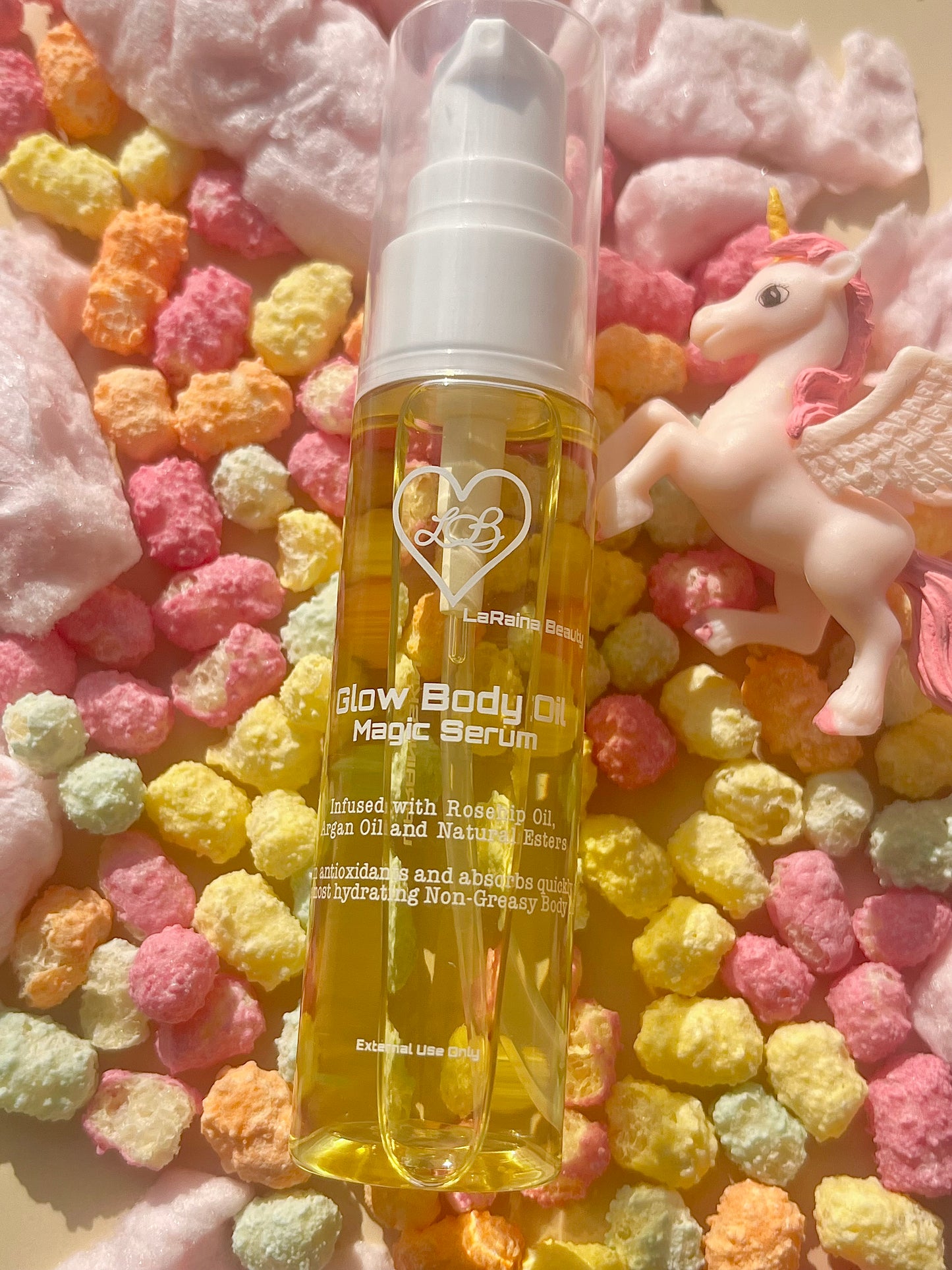 Unicorn scented Mini body oil - Handmade UK body oil for glowing skin, a luxurious fragrant self care ritual with clean ingredients, vegan free, eco friendly and affordable.