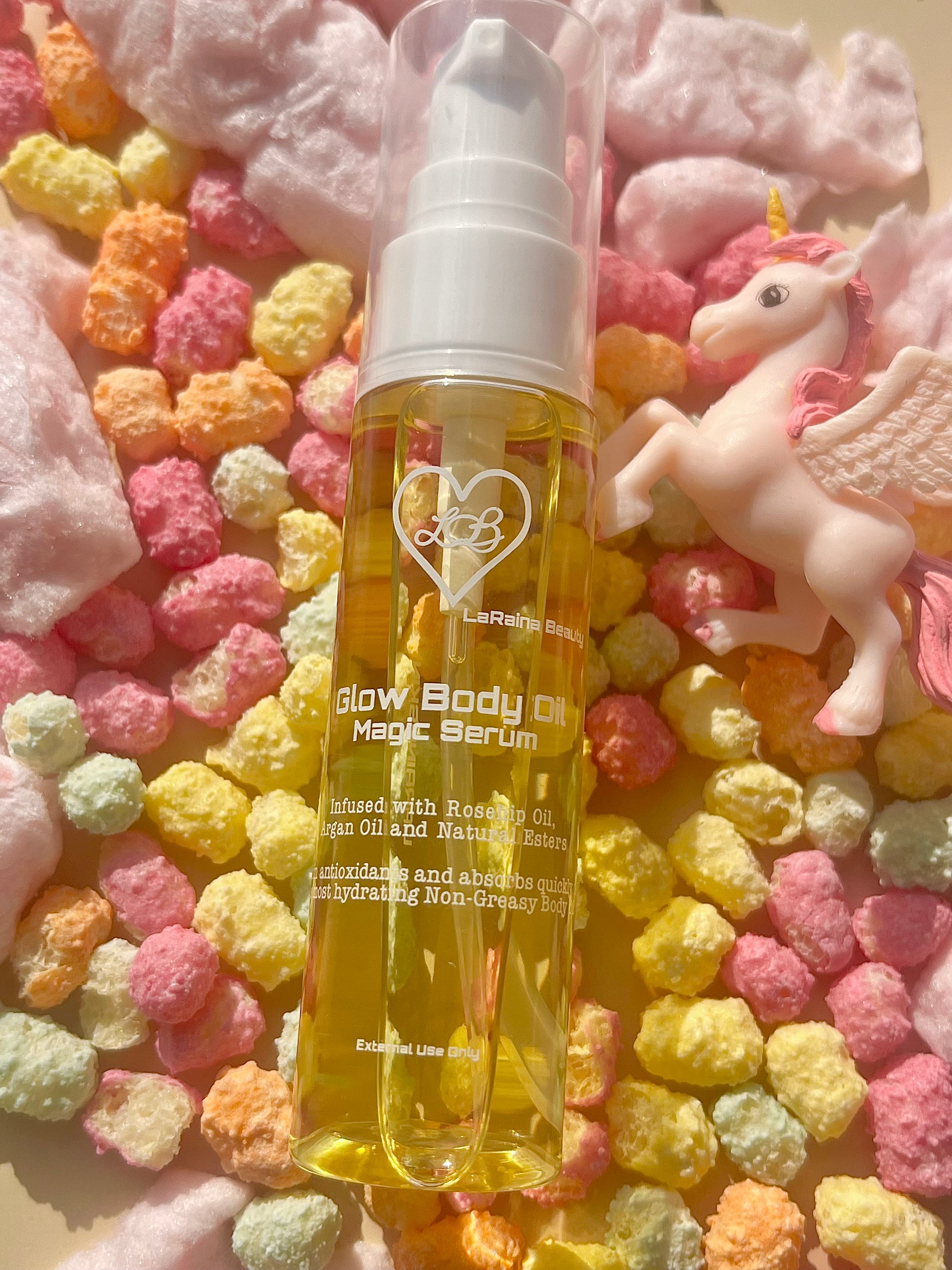 Unicorn scented Mini body oil - Handmade UK body oil for glowing skin, a luxurious fragrant self care ritual with clean ingredients, vegan free, eco friendly and affordable.