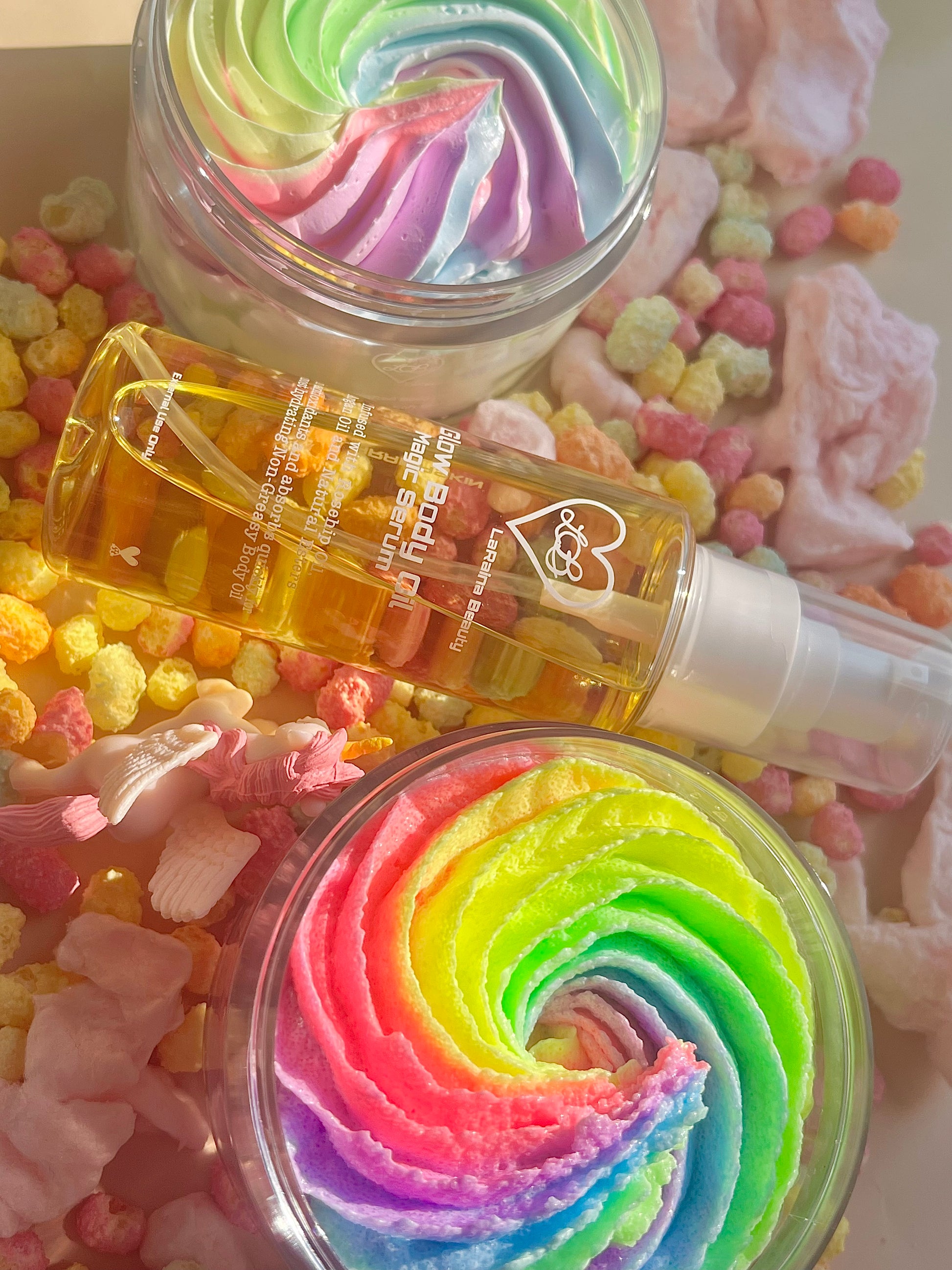 Unicorn body bundle- rainbow sweet fruity skincare gift set - body scrub to exfoliate and smooth, body butter to moisturiser dry skin & body oil to hydrate and seal for a healthy soft skin. Radiant glowing skincare routine - uk handmade vegan body butter