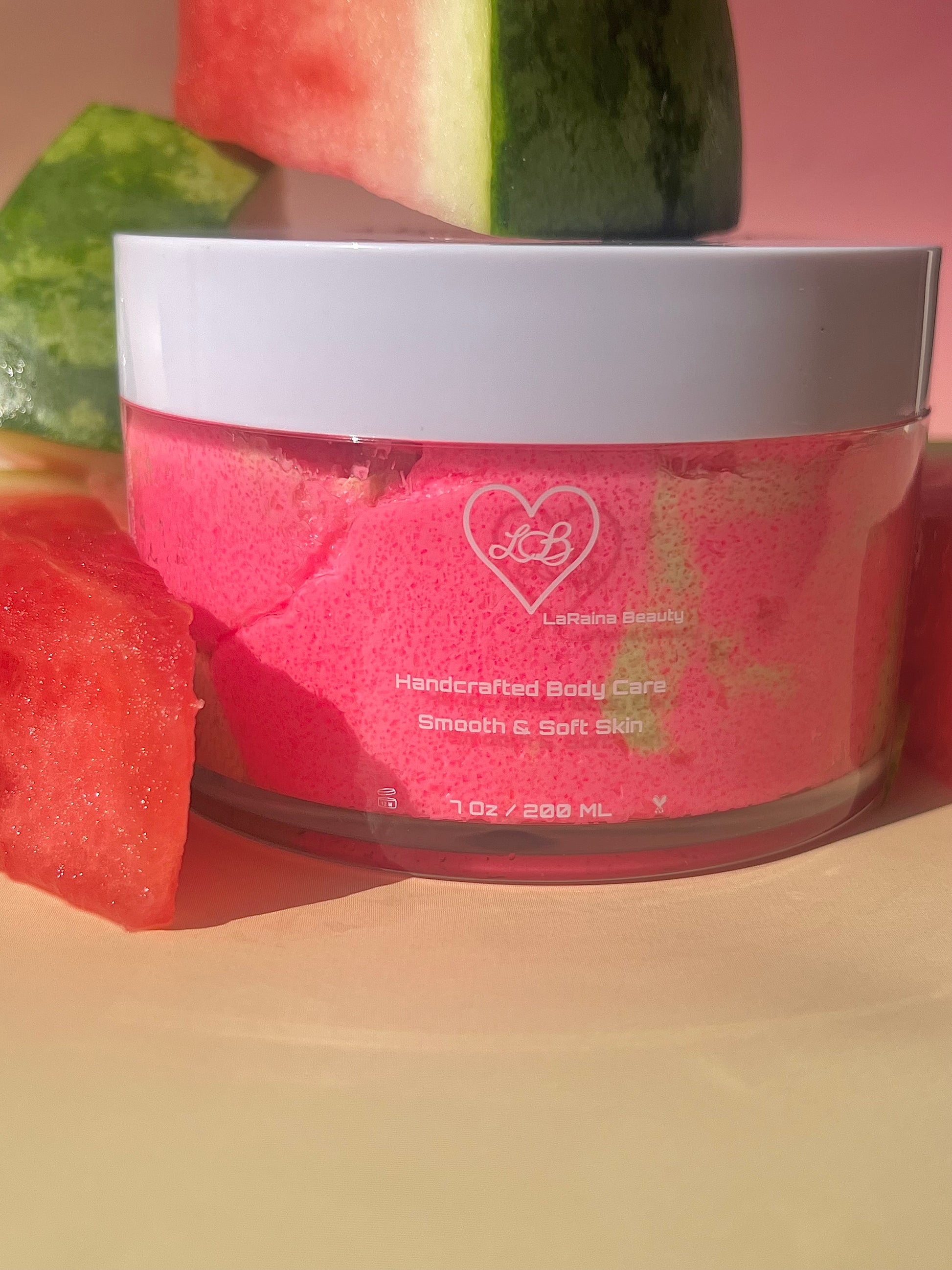 pink and green watermelon body scrub, summer fruit body exfoliant. A foaming/cleansing and exfoliating gentle body scrub to achieve smooth soft skin. UK handmade Vegan skincare that brings a fun luxurious experience to self care and shower routines. Scrub and get rid of patchy dry skin, clogged pores and ingrown hairs. The best body scrub you could ever ask for.