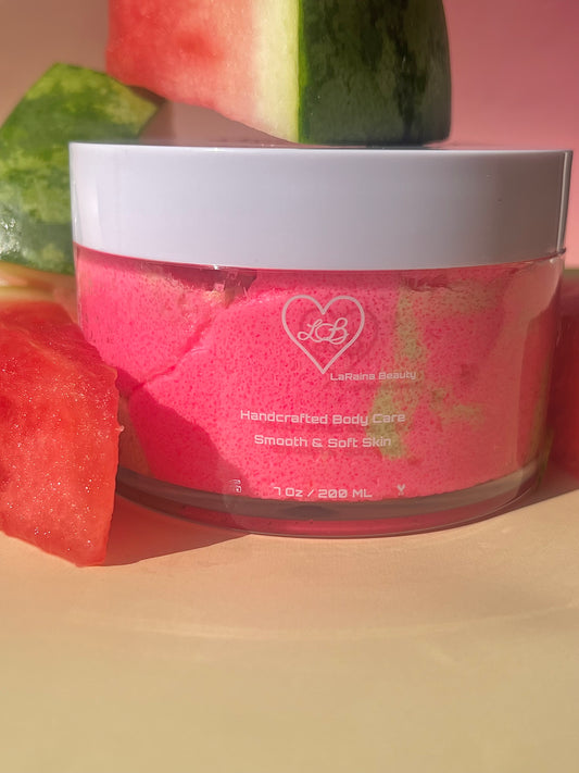 pink and green watermelon body scrub, summer fruit body exfoliant. A foaming/cleansing and exfoliating gentle body scrub to achieve smooth soft skin. UK handmade Vegan skincare that brings a fun luxurious experience to self care and shower routines. Scrub and get rid of patchy dry skin, clogged pores and ingrown hairs. The best body scrub you could ever ask for.