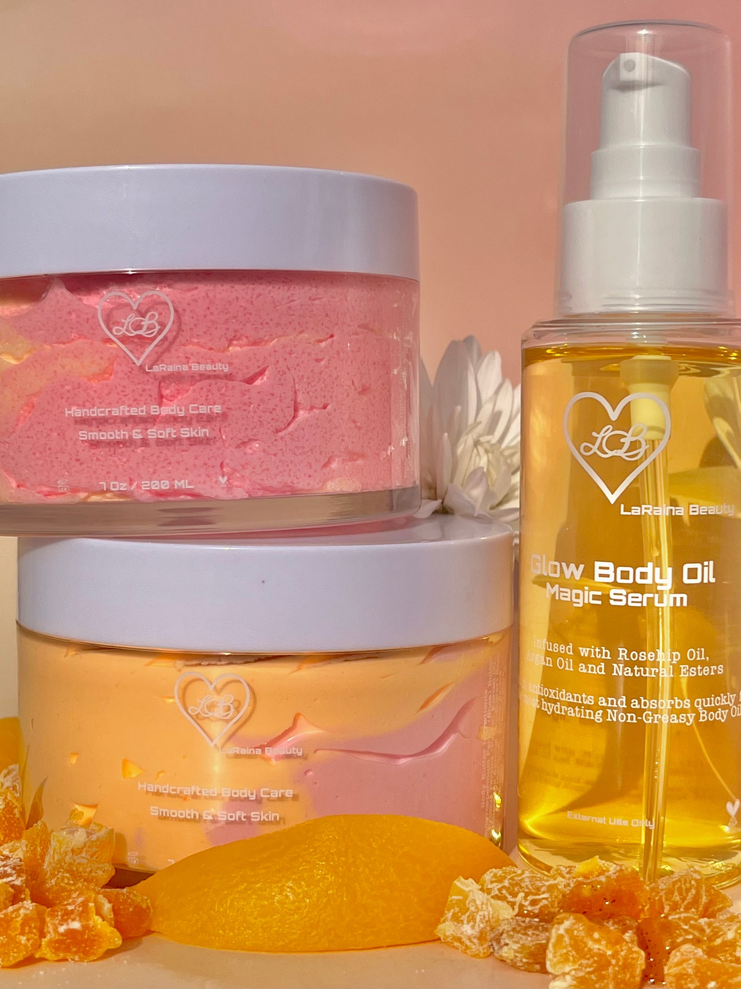 Peach fusion body bundle- mango peach salsa tropical fruity skincare gift set - body scrub to exfoliate and smooth, body butter to moisturiser dry skin & body oil to hydrate and seal for a healthy soft skin. Radiant glowing skincare routine - uk handmade vegan body butter
