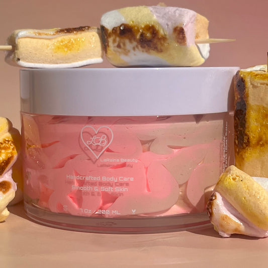 Caramel Marshmallows Whipped Body Butter - scented body cream, best moisturiser for dry skin and inflammatory skin conditions, UK handmade vegan body butter