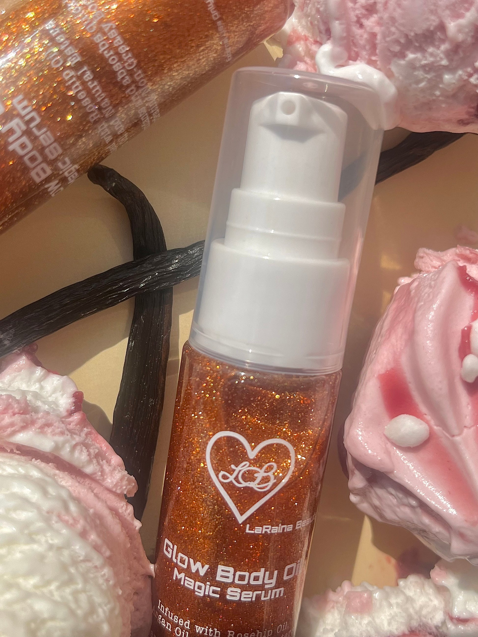 Glow body oil magic serum with glittery texture on a decorative background