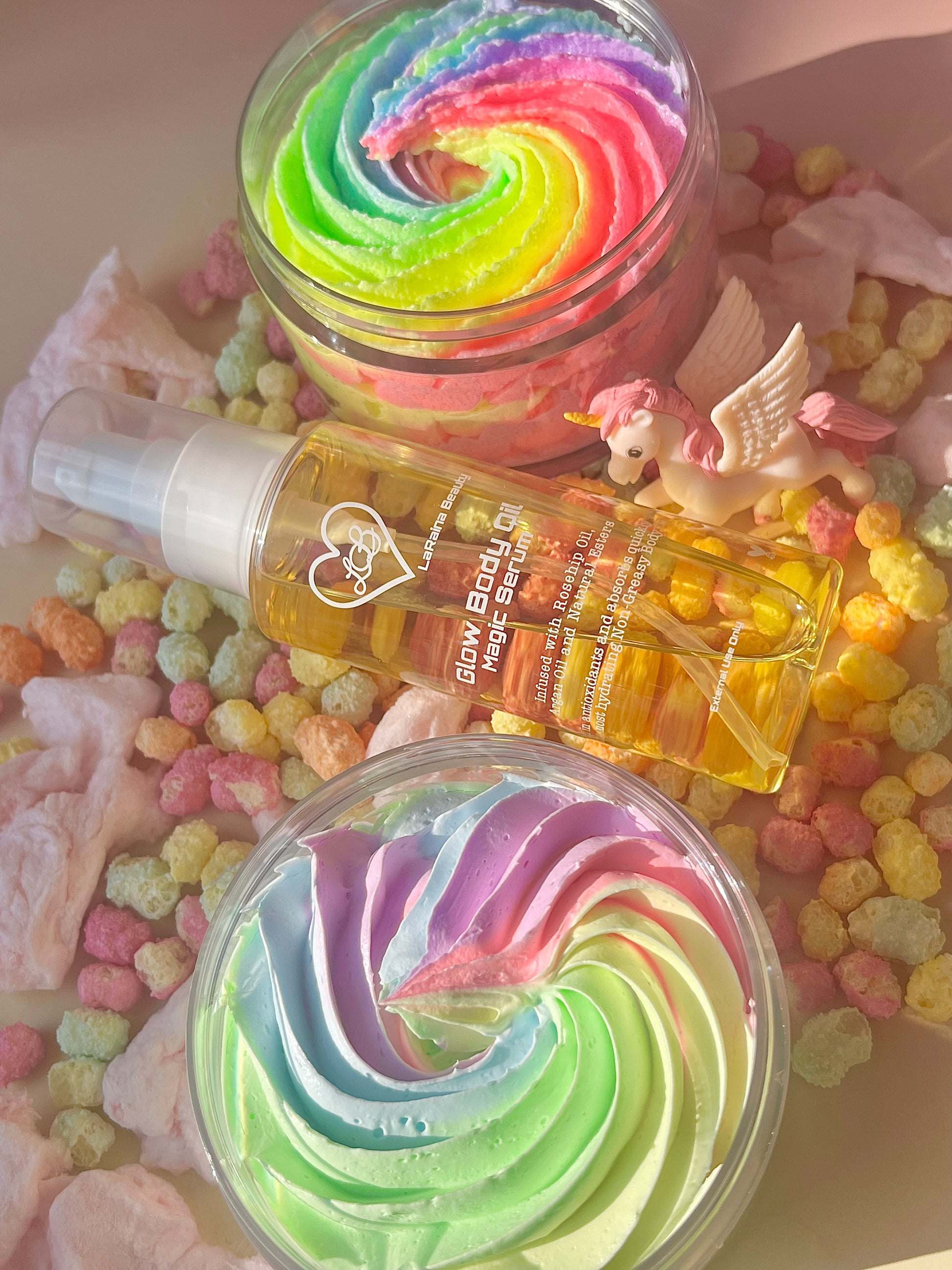 Unicorn body bundle- rainbow sweet fruity skincare gift set - body scrub to exfoliate and smooth, body butter to moisturiser dry skin & body oil to hydrate and seal for a healthy soft skin. Radiant glowing skincare routine - uk handmade vegan body butter