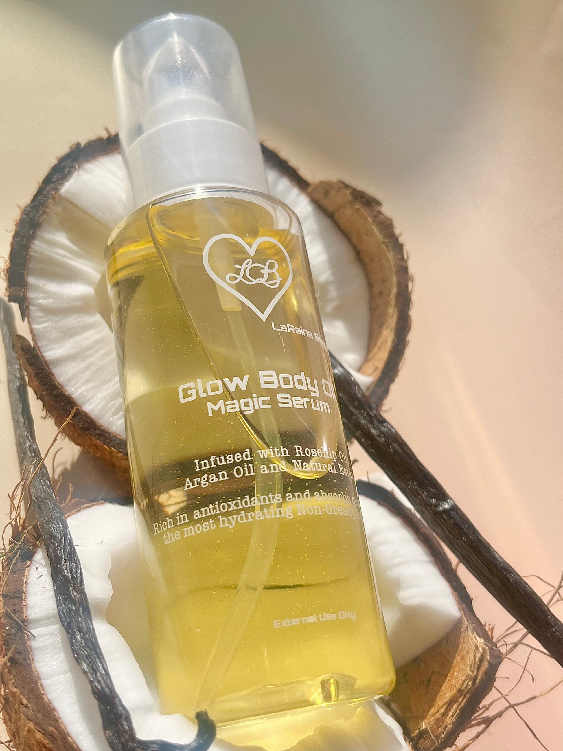 Coconut body oil with an exotic vanilla coconut aroma- Handmade UK body oil for glowing skin, a luxurious fragrant self care ritual with clean ingredients, vegan free, eco friendly and affordable.