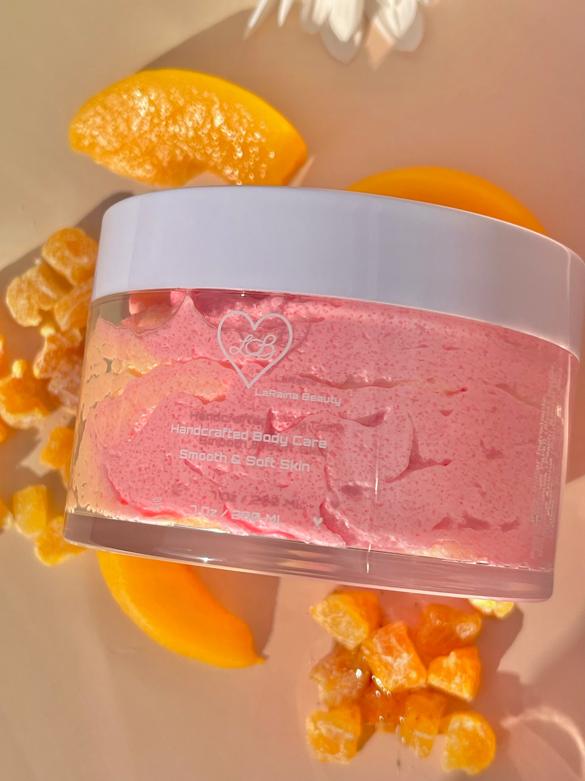Peach fusion, mango and peach salsa juicy fruity body scrub. A foaming/cleansing and exfoliating gentle body scrub to achieve smooth soft skin. UK handmade Vegan skincare that brings a fun luxurious experience to self care and shower routines. Scrub and get rid of patchy dry skin, clogged pores and ingrown hairs. The best body scrub you could ever ask for.