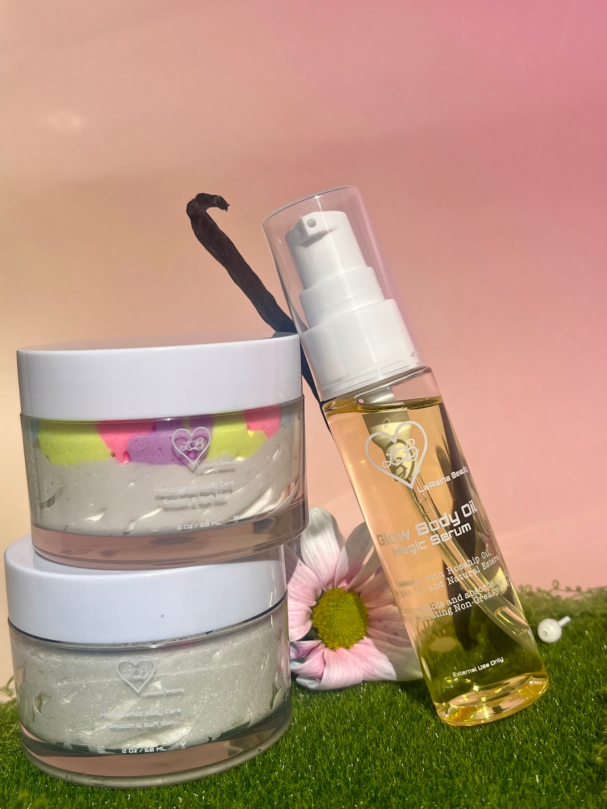 Fairy Flower Bomb body bundle- good girl perfume skincare gift set - body scrub to exfoliate and smooth, body butter to moisturiser dry skin & body oil to hydrate and seal for a healthy soft skin. Radiant glowing skincare routine - uk handmade vegan body butter