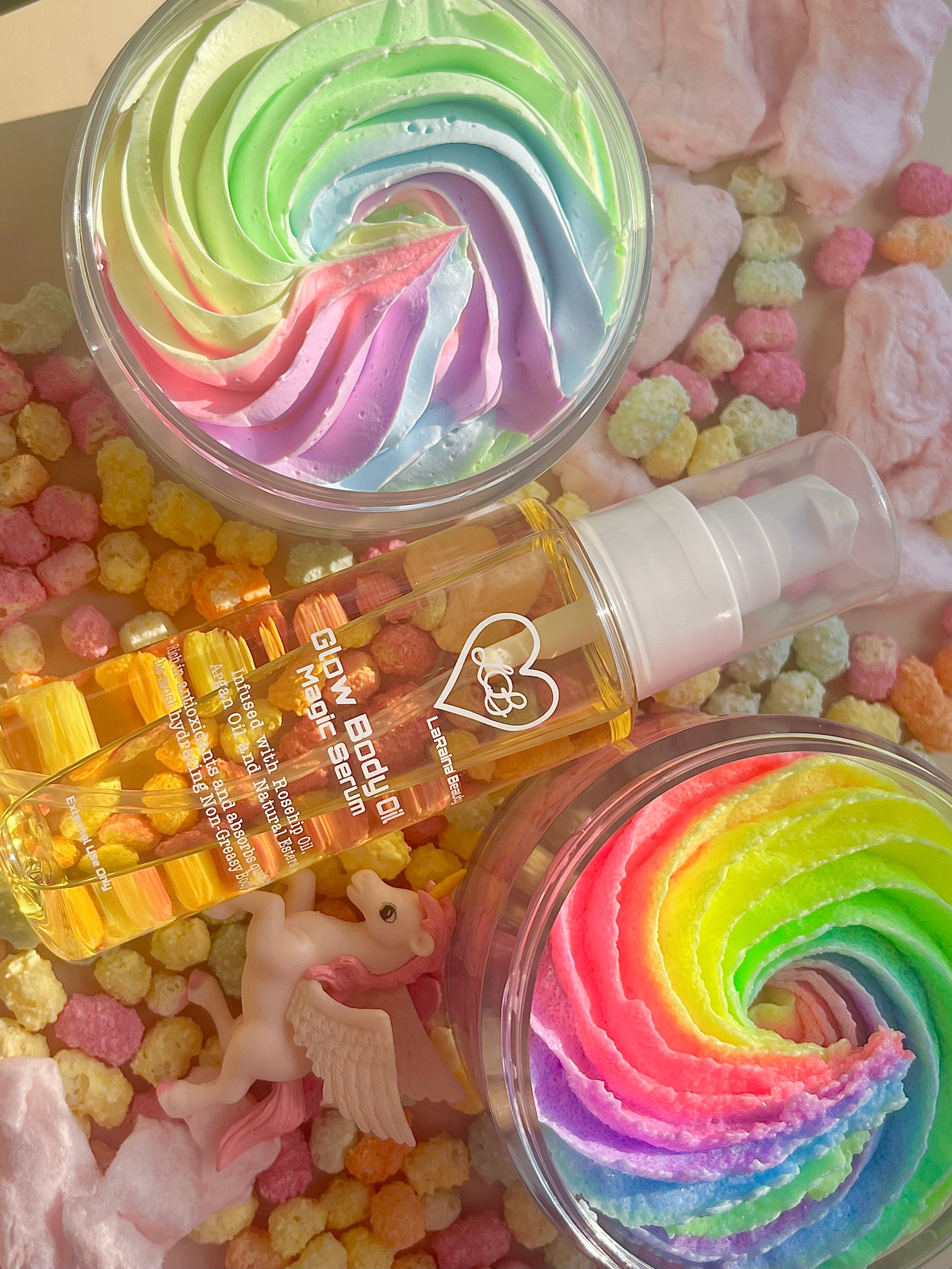 Unicorn body bundle- rainbow sweet fruity skincare gift set - body scrub to exfoliate and smooth, body butter to moisturiser dry skin & body oil to hydrate and seal for a healthy soft skin. Radiant glowing skincare routine - uk handmade vegan body butter
