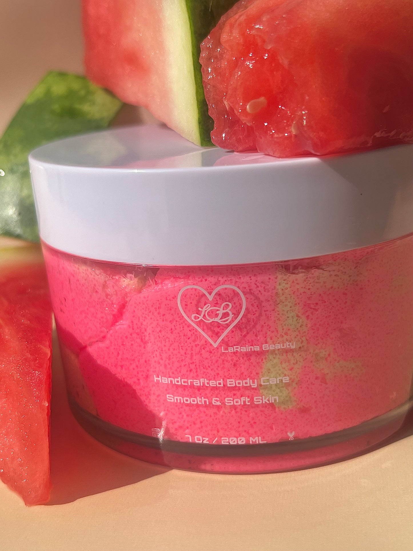 pink and green watermelon body scrub, summer fruit body exfoliant. A foaming/cleansing and exfoliating gentle body scrub to achieve smooth soft skin. UK handmade Vegan skincare that brings a fun luxurious experience to self care and shower routines. Scrub and get rid of patchy dry skin, clogged pores and ingrown hairs. The best body scrub you could ever ask for.