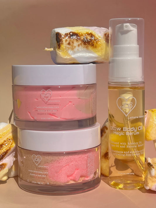 Caramel Marshmallow body bundle- Caramel Vanilla Toasted Marshmallow skincare gift set - body scrub to exfoliate and smooth, body butter to moisturiser dry skin & body oil to hydrate and seal for a healthy soft skin. Radiant glowing skincare routine - uk handmade vegan body butter