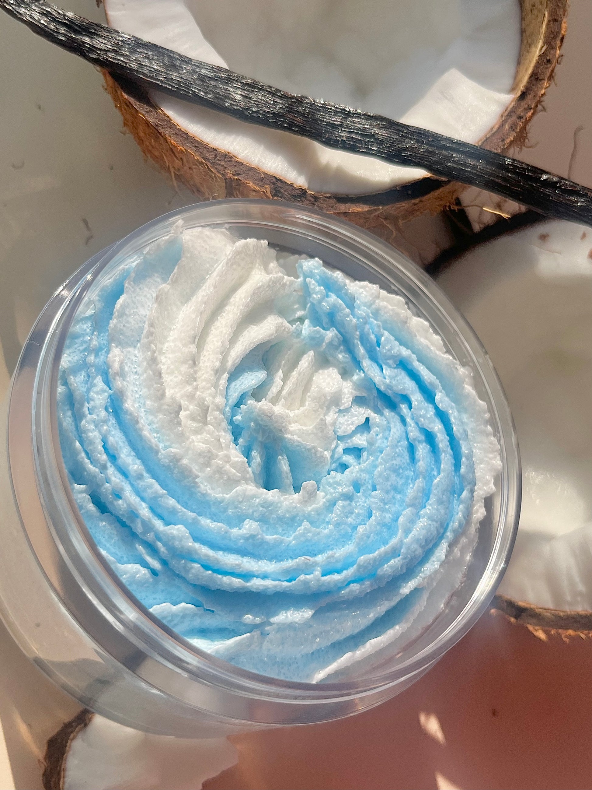 Exotic coconut with vanilla aroma Summer Fruity body scrub. A foaming/cleansing and exfoliating gentle body scrub to achieve smooth soft skin. UK handmade Vegan skincare that brings a fun luxurious experience to self care and shower routines. Scrub and get rid of patchy dry skin, clogged pores and ingrown hairs. The best body scrub you could ever ask for.