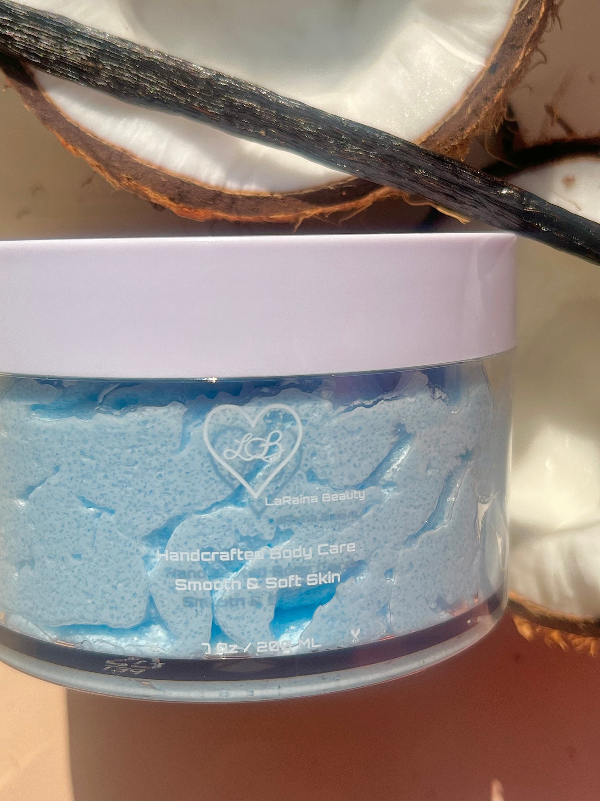 Exotic coconut with vanilla aroma Summer Fruity body scrub. A foaming/cleansing and exfoliating gentle body scrub to achieve smooth soft skin. UK handmade Vegan skincare that brings a fun luxurious experience to self care and shower routines. Scrub and get rid of patchy dry skin, clogged pores and ingrown hairs. The best body scrub you could ever ask for.