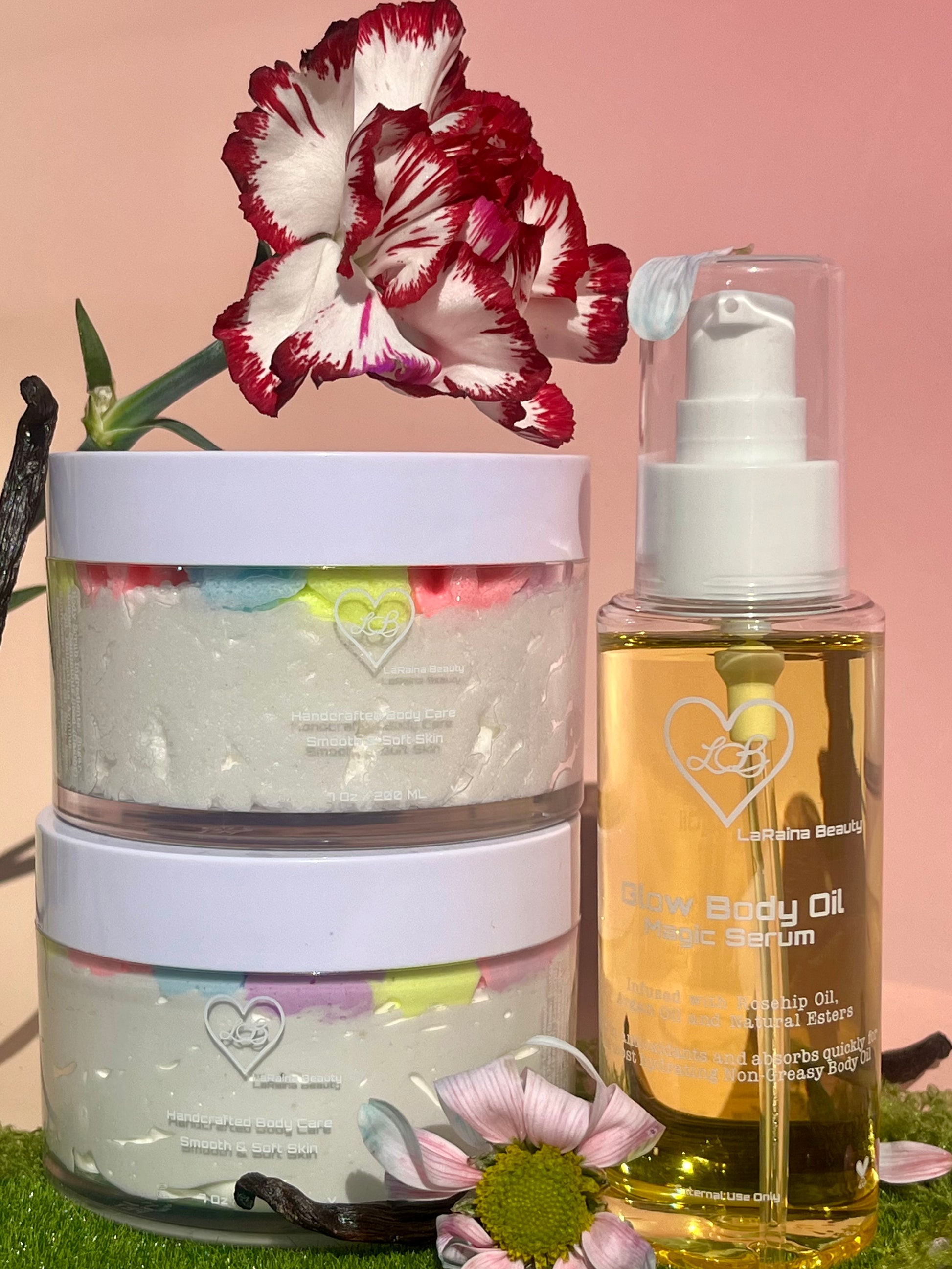 Fairy Flower Bomb body bundle- good girl perfume skincare gift set - body scrub to exfoliate and smooth, body butter to moisturiser dry skin & body oil to hydrate and seal for a healthy soft skin. Radiant glowing skincare routine - uk handmade vegan body butter