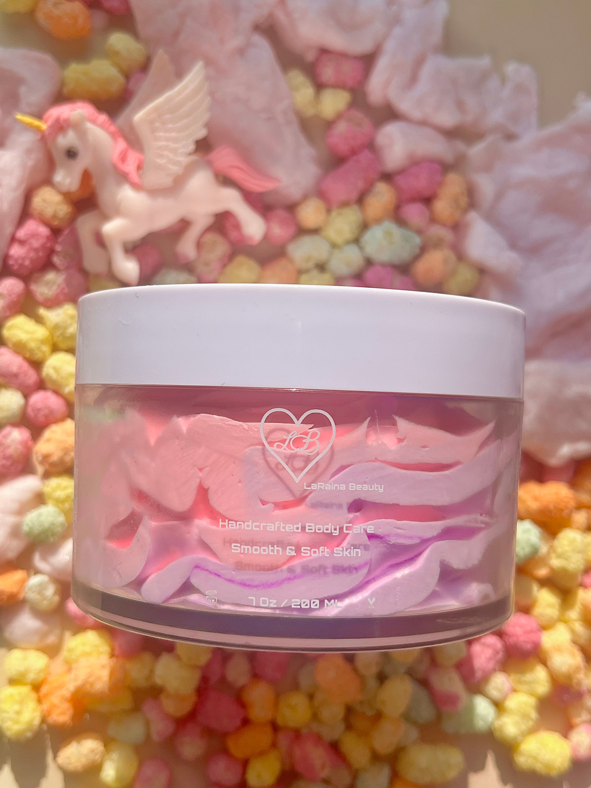 Unicorn Glaze Whipped Body Butter - Unicorn/bubblegum/candy-floss, rainbow sweet fruity scented body moisturiser for dry skin and inflammatory skin conditions. Winter Skincare treatment, uk handmade vegan body butter