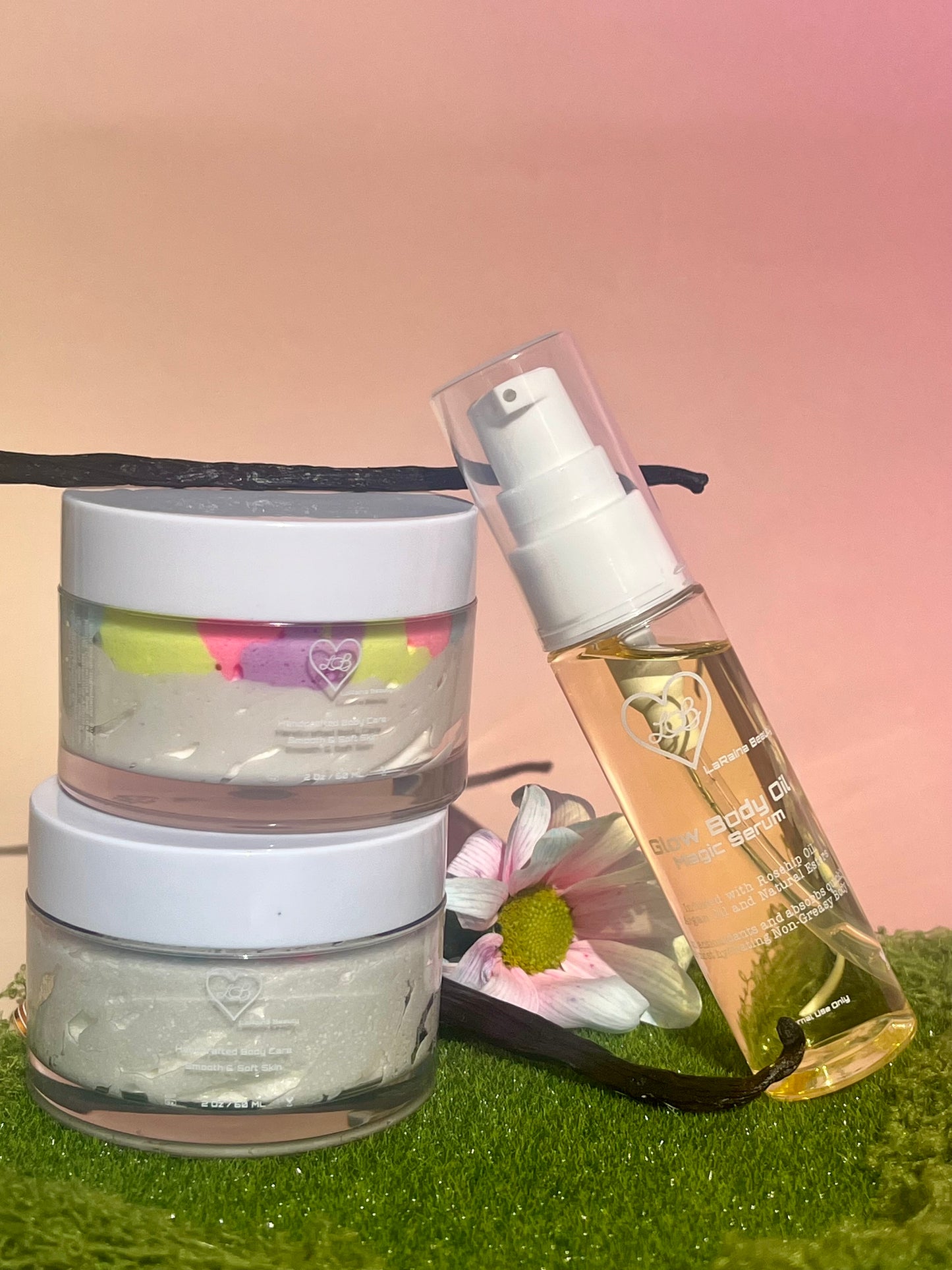 Fairy Flower Bomb body bundle- good girl perfume skincare gift set - body scrub to exfoliate and smooth, body butter to moisturiser dry skin & body oil to hydrate and seal for a healthy soft skin. Radiant glowing skincare routine - uk handmade vegan body butter