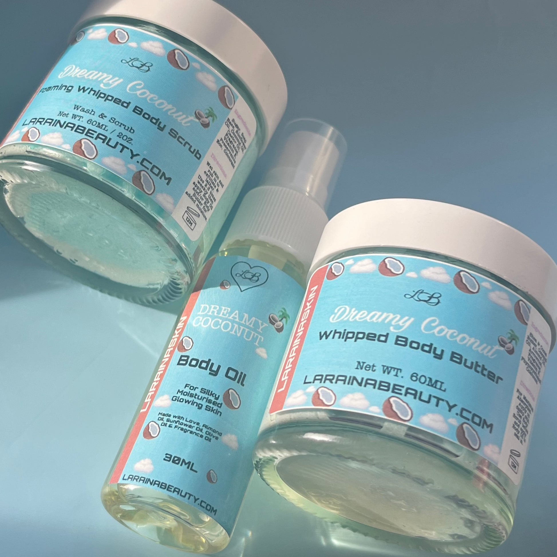 Mini bodycare set, mini body butter, mini body scrub and mini body oil. This trio bundle is the best skin care kit and mini pamper set for gift giving. sugar scrub for the smoothest exfoliation, made with soap so all you need is wet skin to start. Then use natural moisturising body cream great for dry skin. apply the most hydrating body oil spray to help relief stress. This dry body oil is a simple skincare routine  that you can layer with your perfumes. Sweet coconut and vanilla scented