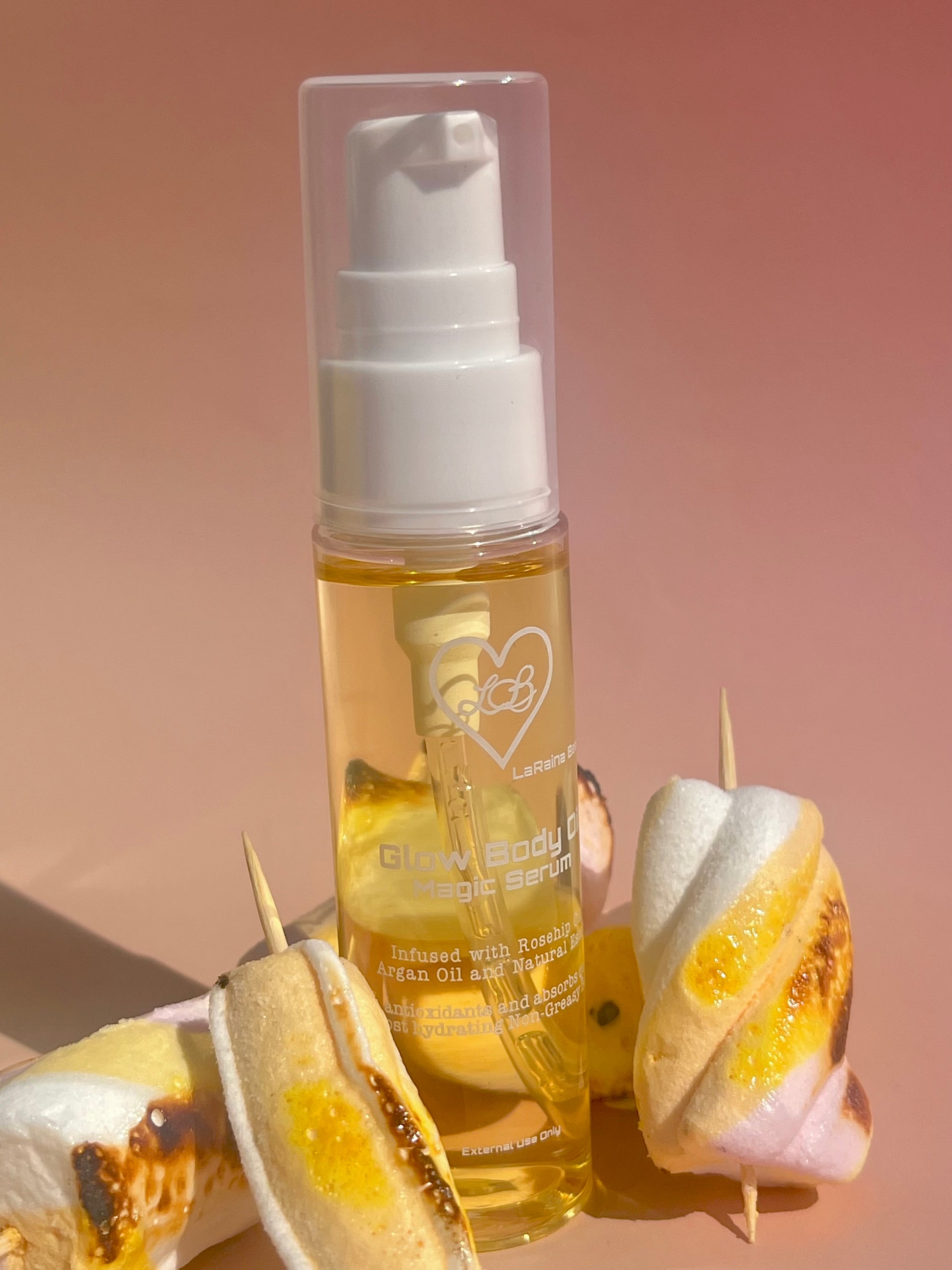 Caramel Vanilla Toasted Marshmallow scented Mini body oil - Handmade UK body oil for glowing skin, a luxurious fragrant self care ritual with clean ingredients, vegan free, eco friendly and affordable.