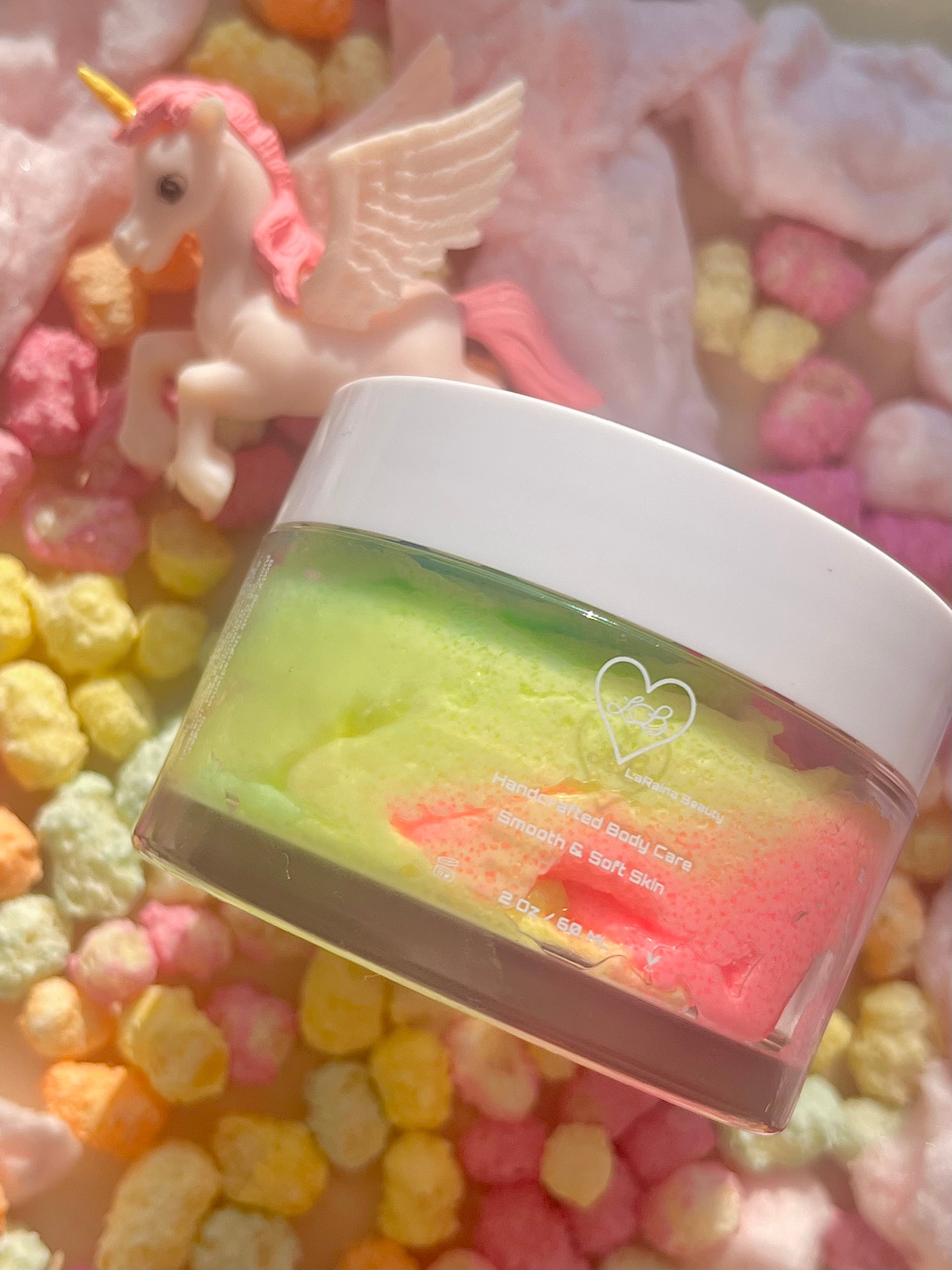 winter unicorn body scrub, fruit body exfoliant. A foaming/cleansing and exfoliating gentle body scrub to achieve smooth soft skin. UK handmade Vegan skincare that brings a fun luxurious experience to self care and shower routines. Scrub and get rid of patchy dry skin, clogged pores and ingrown hairs. The best body scrub you could ever ask for.