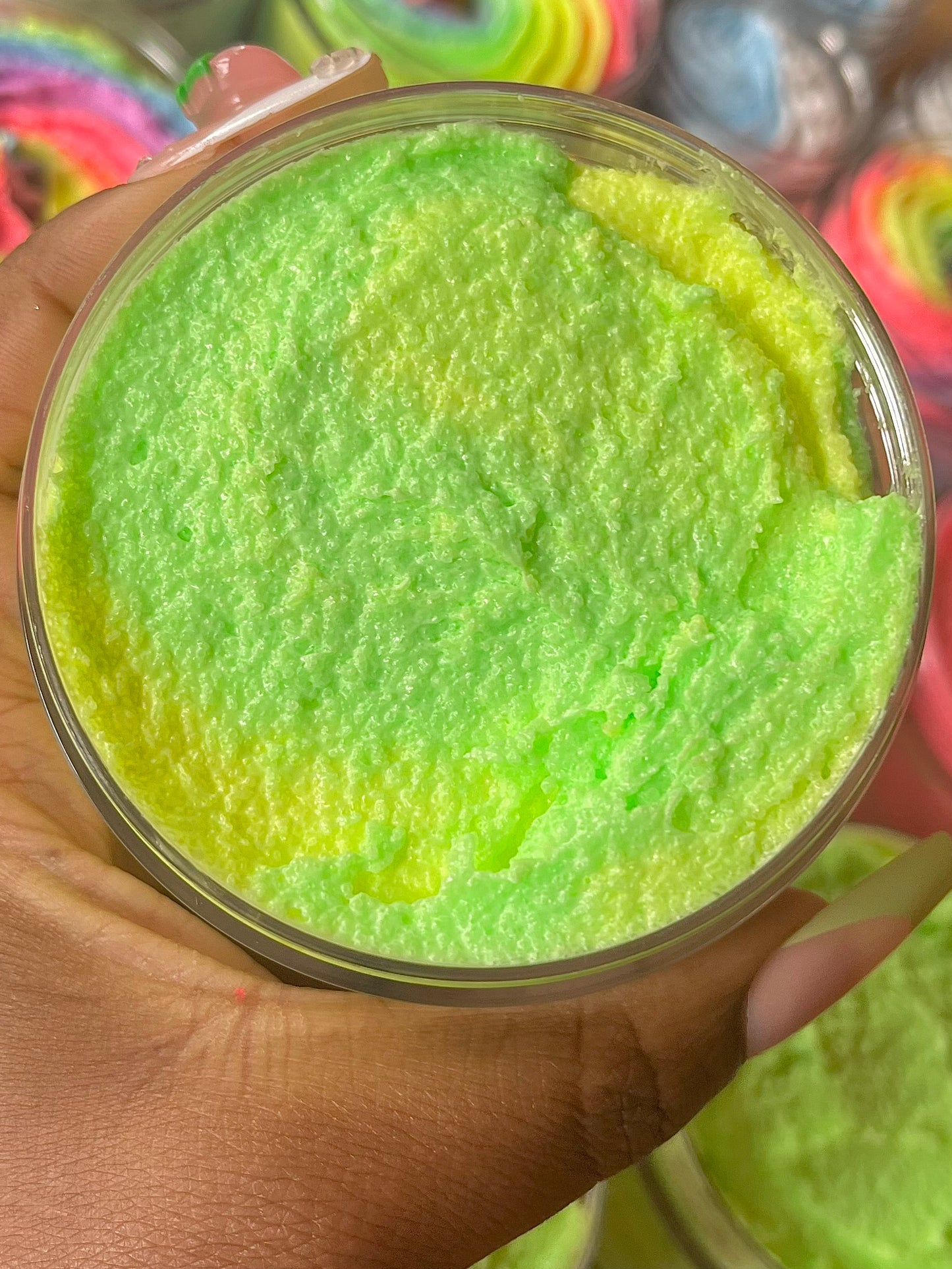 Pineapple Coconut tropical juicy Pina Colada body scrub. A foaming/cleansing and exfoliating gentle body scrub to achieve smooth soft skin. UK handmade Vegan skincare that brings a fun luxurious experience to self care and shower routines. Scrub and get rid of patchy dry skin, clogged pores and ingrown hairs. The best body scrub you could ever ask for.