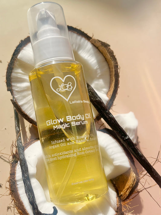 Coconut body oil with an exotic vanilla coconut aroma- Handmade UK body oil for glowing skin, a luxurious fragrant self care ritual with clean ingredients, vegan free, eco friendly and affordable.