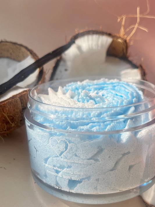 Exotic coconut with vanilla aroma Summer Fruity body scrub. A foaming/cleansing and exfoliating gentle body scrub to achieve smooth soft skin. UK handmade Vegan skincare that brings a fun luxurious experience to self care and shower routines. Scrub and get rid of patchy dry skin, clogged pores and ingrown hairs. The best body scrub you could ever ask for.