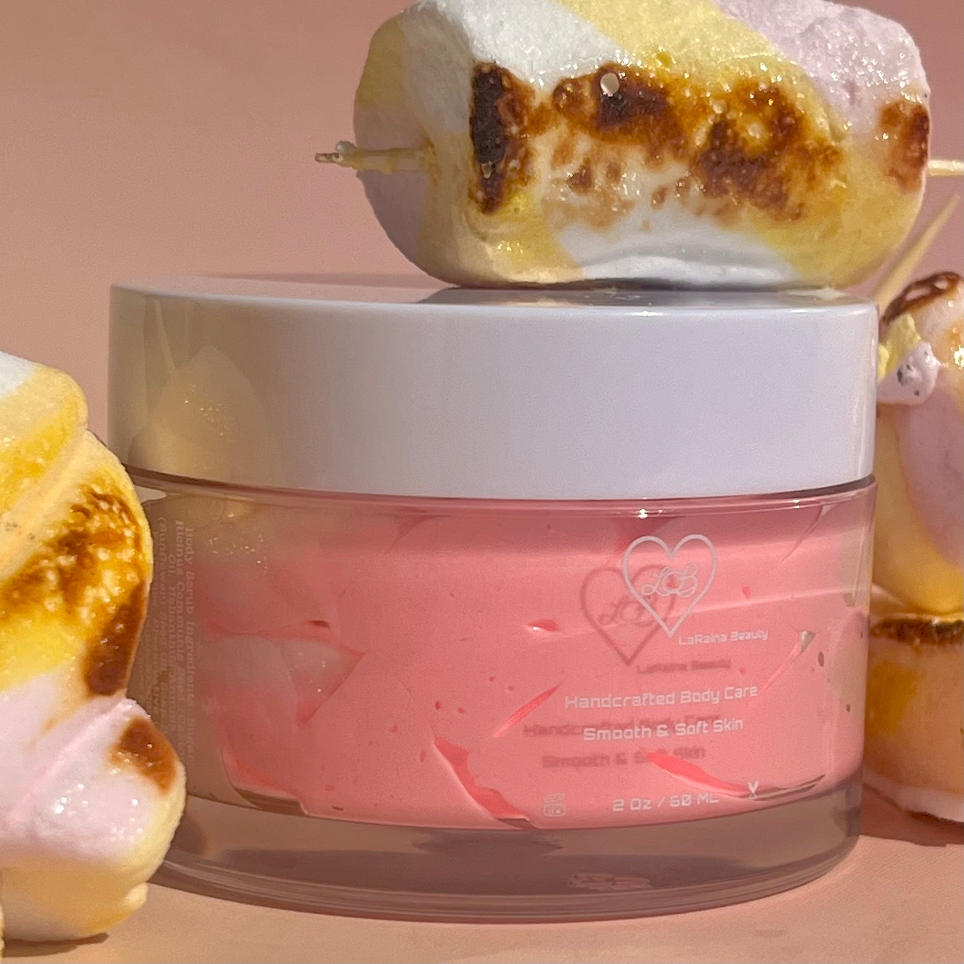 Caramel Marshmallows Whipped Body Butter - scented body cream, best moisturiser for dry skin and inflammatory skin conditions, UK handmade vegan body butter