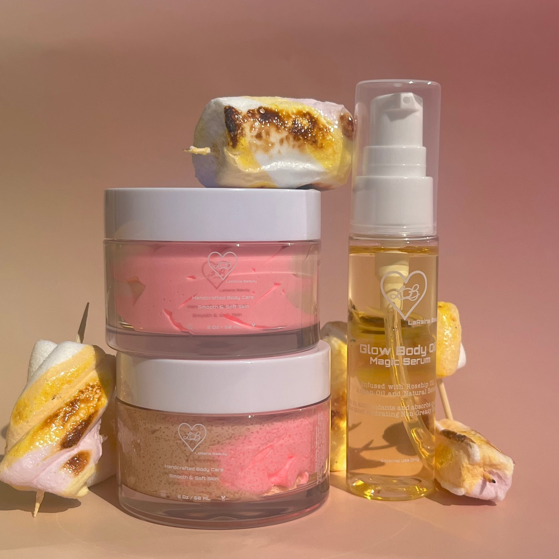 Caramel Marshmallow body bundle- Caramel Vanilla Toasted Marshmallow skincare gift set - body scrub to exfoliate and smooth, body butter to moisturiser dry skin & body oil to hydrate and seal for a healthy soft skin. Radiant glowing skincare routine - uk handmade vegan body butter