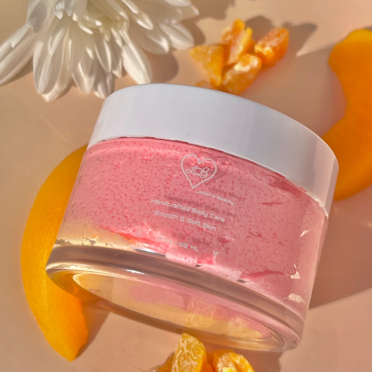 Peach fusion, mango and peach salsa juicy fruity body scrub. A foaming/cleansing and exfoliating gentle body scrub to achieve smooth soft skin. UK handmade Vegan skincare that brings a fun luxurious experience to self care and shower routines. Scrub and get rid of patchy dry skin, clogged pores and ingrown hairs. The best body scrub you could ever ask for.