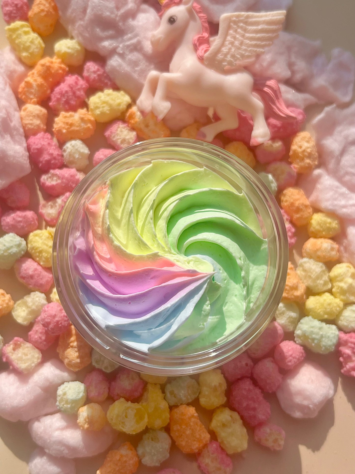 Unicorn Glaze Whipped Body Butter - Unicorn/bubblegum/candy-floss, rainbow sweet fruity scented body moisturiser for dry skin and inflammatory skin conditions. Winter Skincare treatment, uk handmade vegan body butter