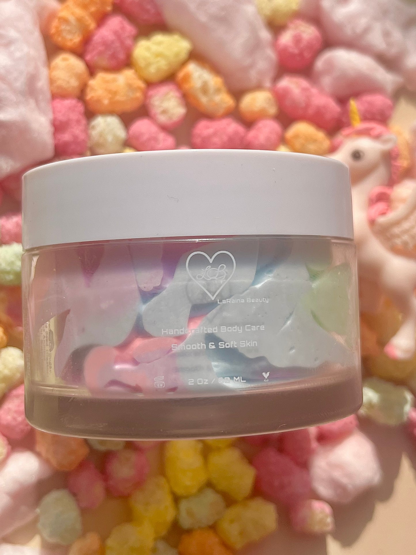 Unicorn Glaze Whipped Body Butter - Unicorn/bubblegum/candy-floss sweet scented body moisturiser for dry skin and inflammatory skin conditions. Winter Skincare treatment, uk handmade vegan body butter