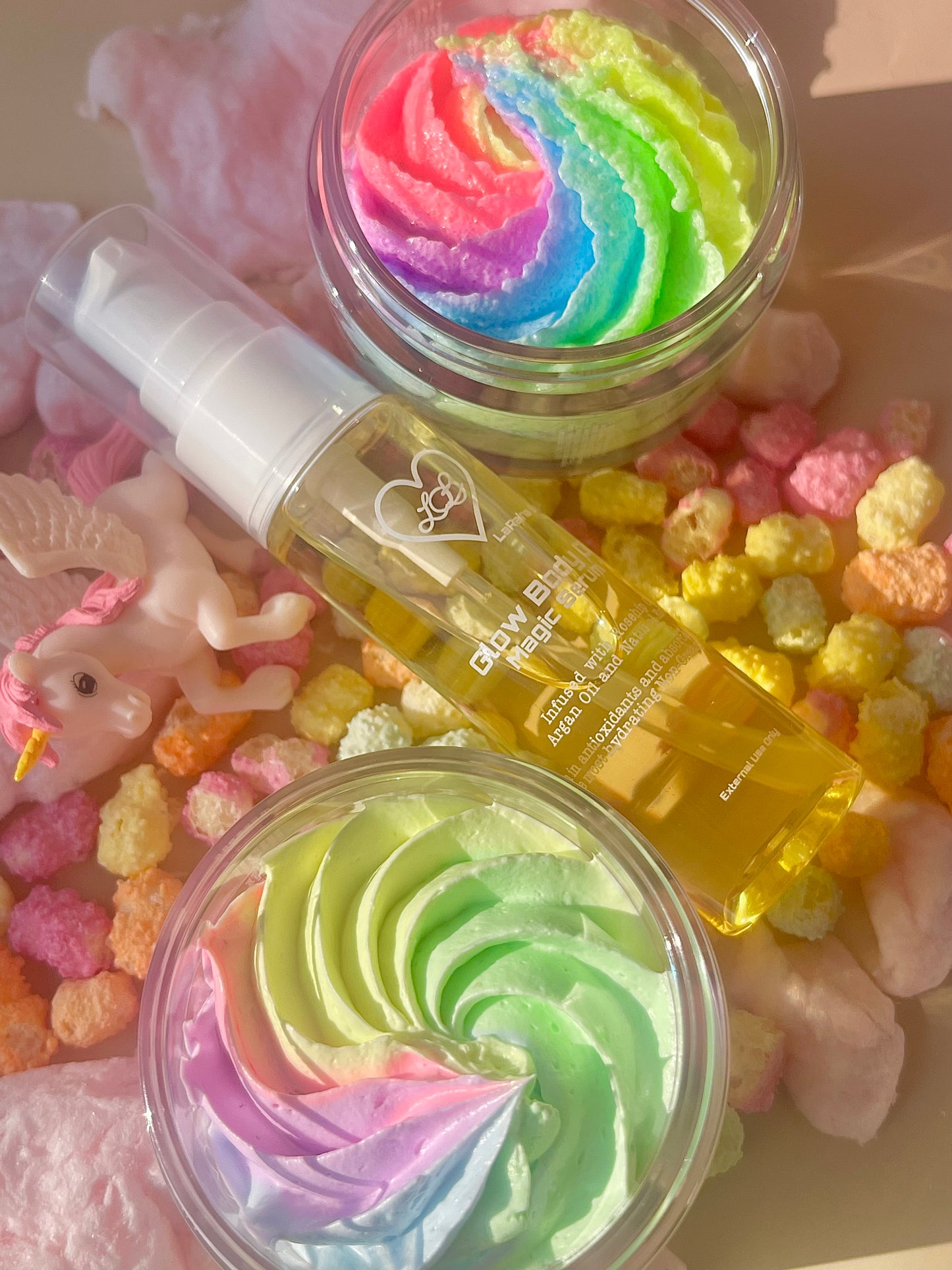 Unicorn body bundle- rainbow sweet fruity skincare gift set - body scrub to exfoliate and smooth, body butter to moisturiser dry skin & body oil to hydrate and seal for a healthy soft skin. Radiant glowing skincare routine - uk handmade vegan body butter
