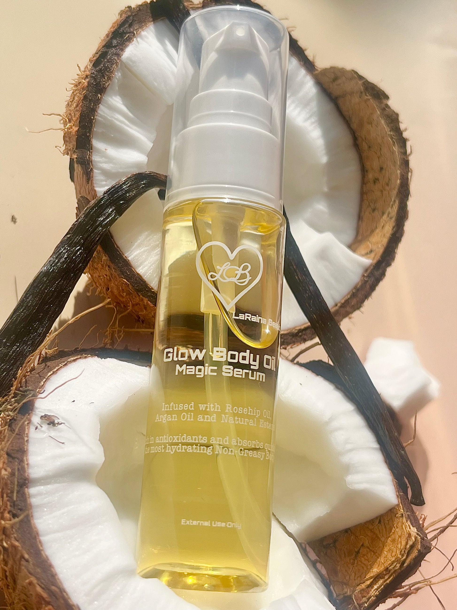 Coconut body oil with an exotic vanilla coconut aroma- Handmade UK body oil for glowing skin, a luxurious fragrant self care ritual with clean ingredients, vegan free, eco friendly and affordable.
