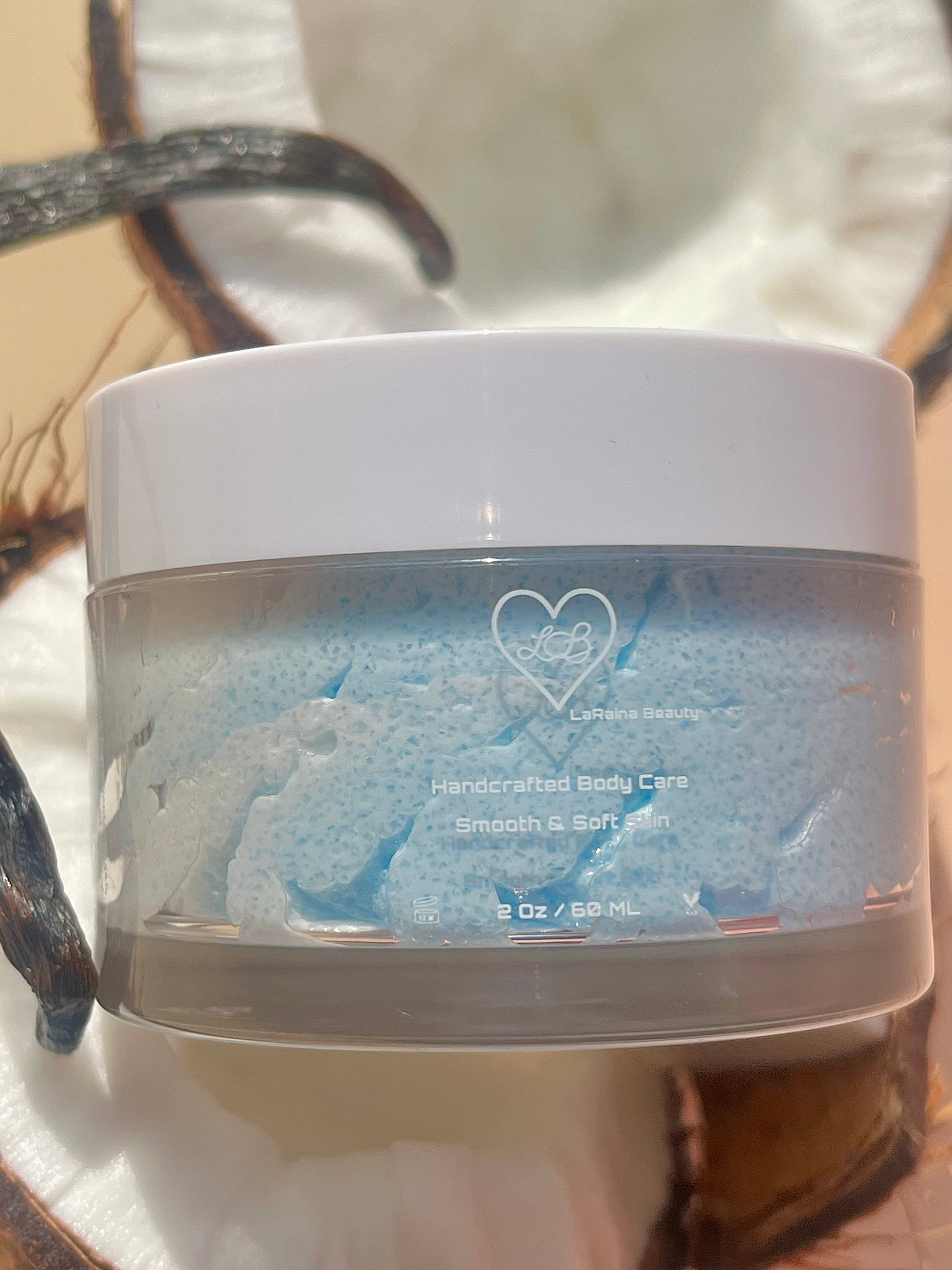 Exotic coconut with vanilla aroma Summer Fruity body scrub. A foaming/cleansing and exfoliating gentle body scrub to achieve smooth soft skin. UK handmade Vegan skincare that brings a fun luxurious experience to self care and shower routines. Scrub and get rid of patchy dry skin, clogged pores and ingrown hairs. The best body scrub you could ever ask for.