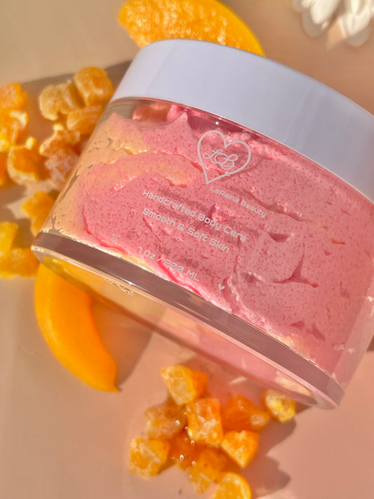 Peach fusion, mango and peach salsa juicy fruity body scrub. A foaming/cleansing and exfoliating gentle body scrub to achieve smooth soft skin. UK handmade Vegan skincare that brings a fun luxurious experience to self care and shower routines. Scrub and get rid of patchy dry skin, clogged pores and ingrown hairs. The best body scrub you could ever ask for.