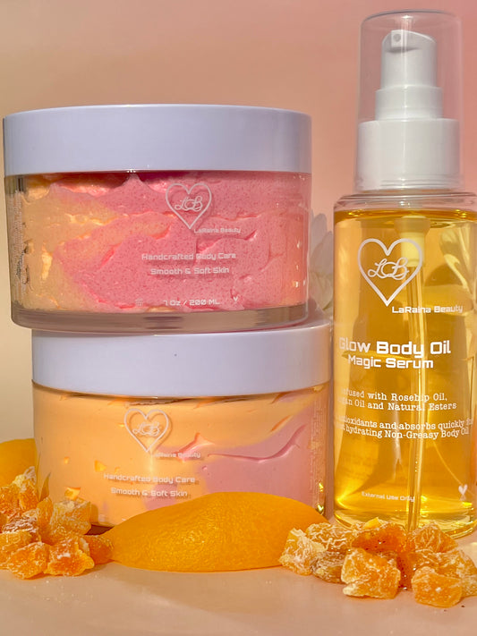 Peach fusion body bundle- mango peach salsa tropical fruity skincare gift set - body scrub to exfoliate and smooth, body butter to moisturiser dry skin & body oil to hydrate and seal for a healthy soft skin. Radiant glowing skincare routine - uk handmade vegan body butter