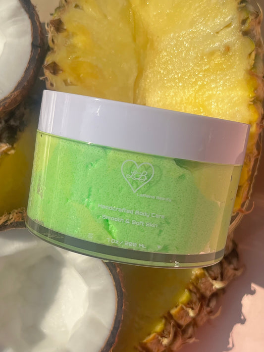 Pineapple Coconut tropical juicy Pina Colada body scrub. A foaming/cleansing and exfoliating gentle body scrub to achieve smooth soft skin. UK handmade Vegan skincare that brings a fun luxurious experience to self care and shower routines. Scrub and get rid of patchy dry skin, clogged pores and ingrown hairs. The best body scrub you could ever ask for.