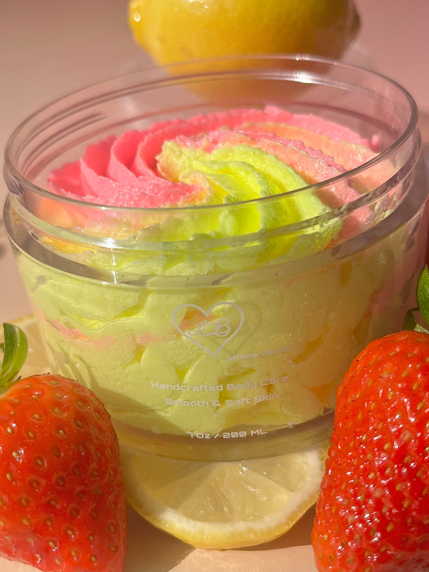 Summer Fruity Strawberry, Pink lemonade exfoliant. A foaming/cleansing and exfoliating gentle body scrub to achieve smooth soft skin. UK handmade Vegan skincare that brings a fun luxurious experience to self care and shower routines. Scrub and get rid of patchy dry skin, clogged pores and ingrown hairs. The best body scrub you could ever ask for.