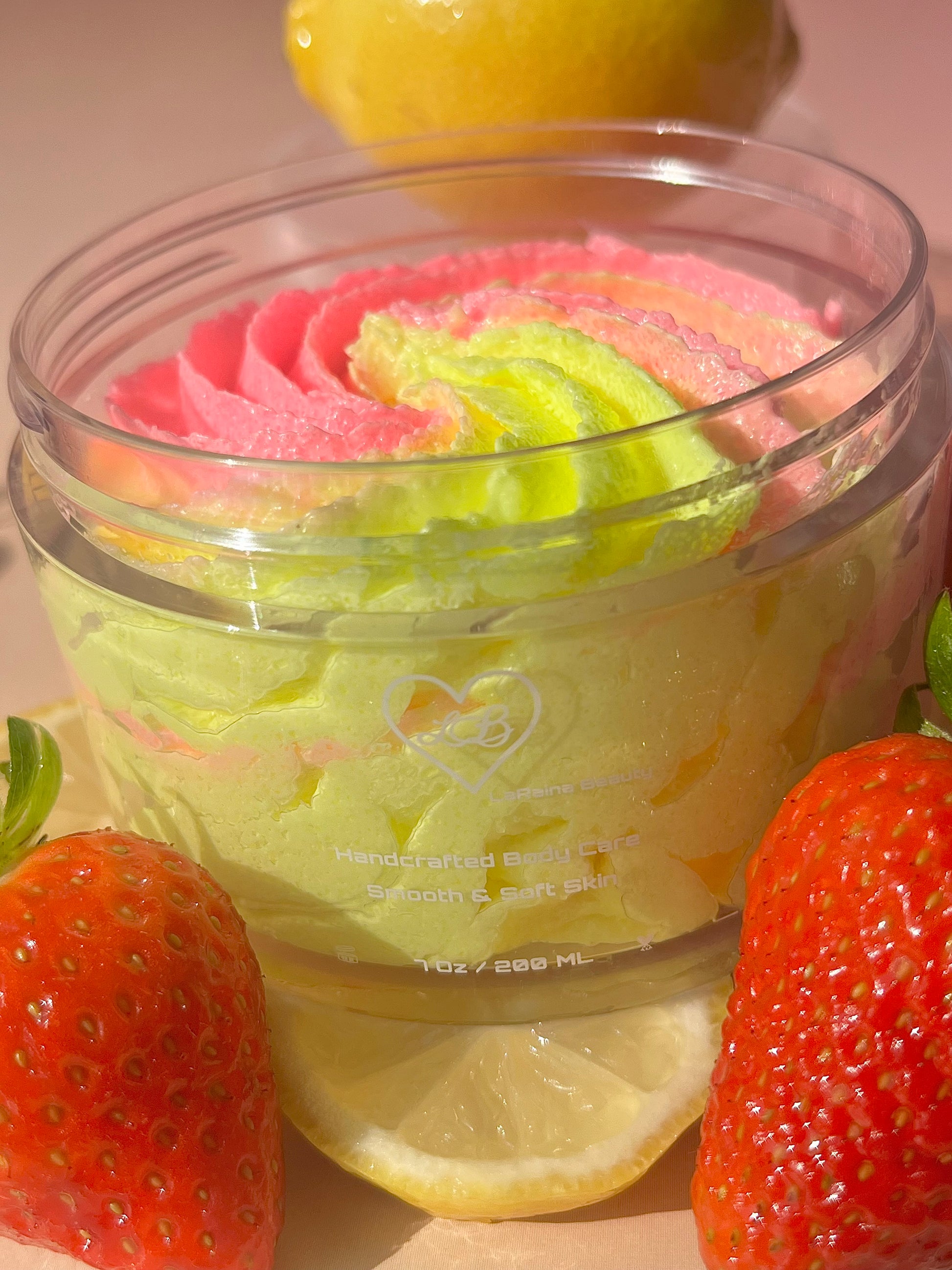 Summer Fruity Strawberry, Pink lemonade exfoliant. A foaming/cleansing and exfoliating gentle body scrub to achieve smooth soft skin. UK handmade Vegan skincare that brings a fun luxurious experience to self care and shower routines. Scrub and get rid of patchy dry skin, clogged pores and ingrown hairs. The best body scrub you could ever ask for.
