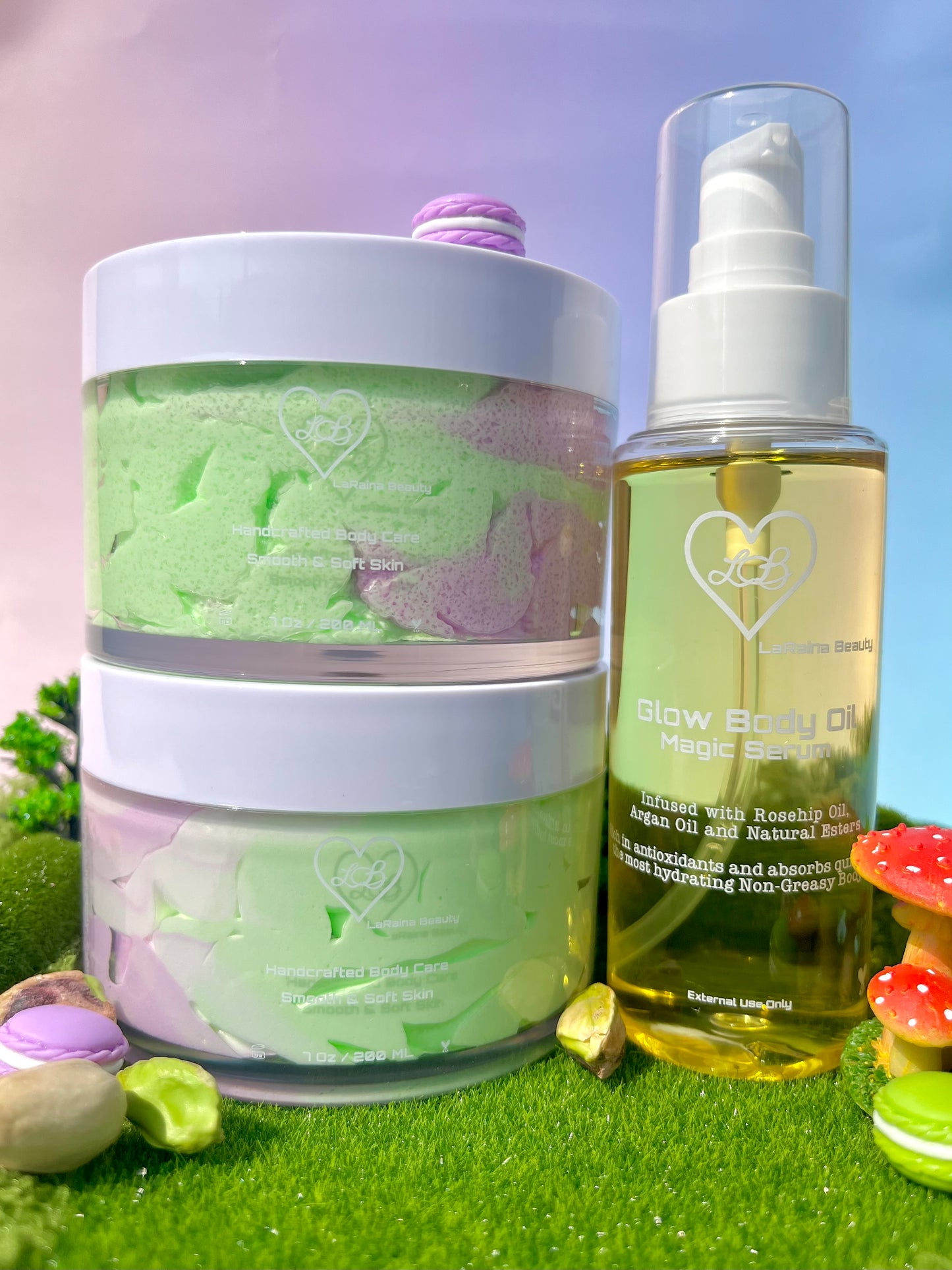 Pistachio Macaron body bundle- gourmand dessert inspired skincare gift set - body scrub to exfoliate and smooth, body butter to moisturiser dry skin & body oil to hydrate and seal for a healthy soft skin. Radiant glowing skincare routine - uk handmade vegan body butter. Creamy, nutty and sugar spun.
