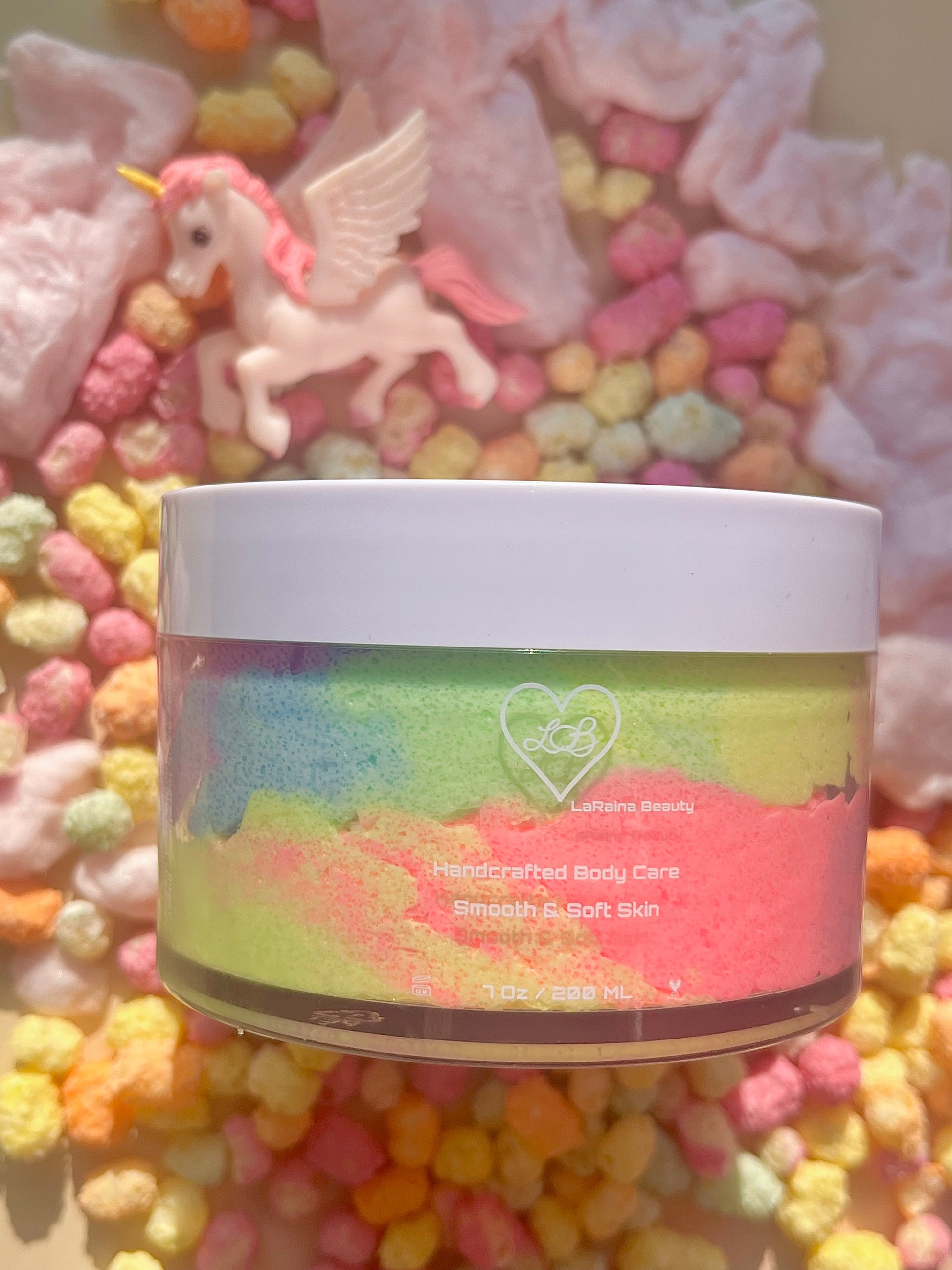 rainbow unicorn body scrub, sweet fruity body exfoliant. A foaming/cleansing and exfoliating gentle body scrub to achieve smooth soft skin. UK handmade Vegan skincare that brings a fun luxurious experience to self care and shower routines. Scrub and get rid of patchy dry skin, clogged pores and ingrown hairs. The best body scrub you could ever ask for.