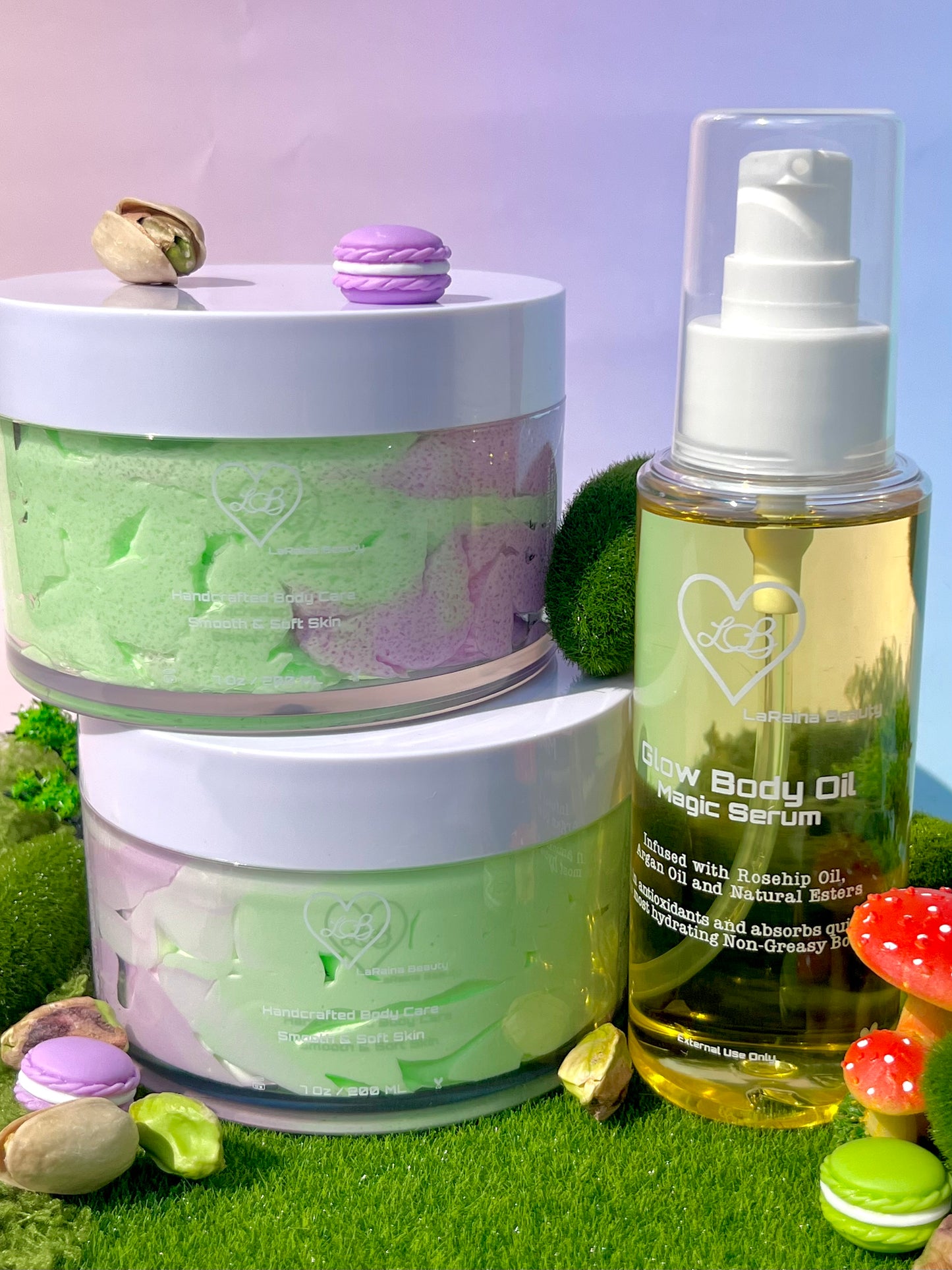 Pistachio Macaron body bundle- gourmand dessert inspired skincare gift set - body scrub to exfoliate and smooth, body butter to moisturiser dry skin & body oil to hydrate and seal for a healthy soft skin. Radiant glowing skincare routine - uk handmade vegan body butter. Creamy, nutty and sugar spun.