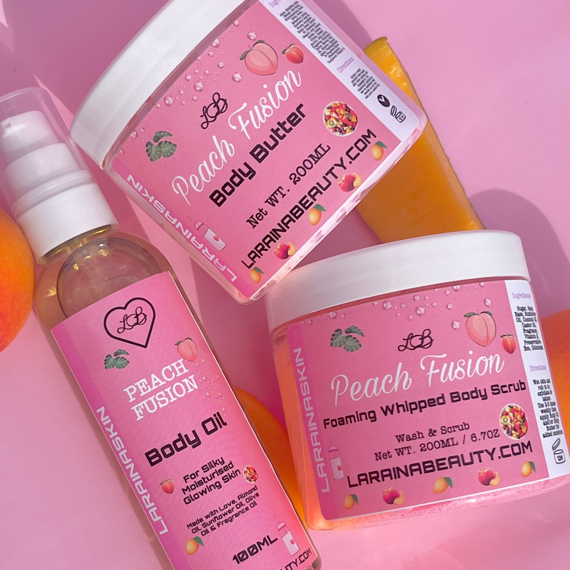 bodycare set, body butter, body scrub and body oil. This trio bundle is the best skin care kit and mini pamper set for gift giving. sugar scrub for the smoothest exfoliation, made with soap so all you need is wet skin to start. Then use natural moisturising body cream great for dry skin. apply the most hydrating body oil spray to help relief stress. This dry body oil is a simple skincare routine  that you can layer with your perfumes. Tropical peach, mango and vanilla scented