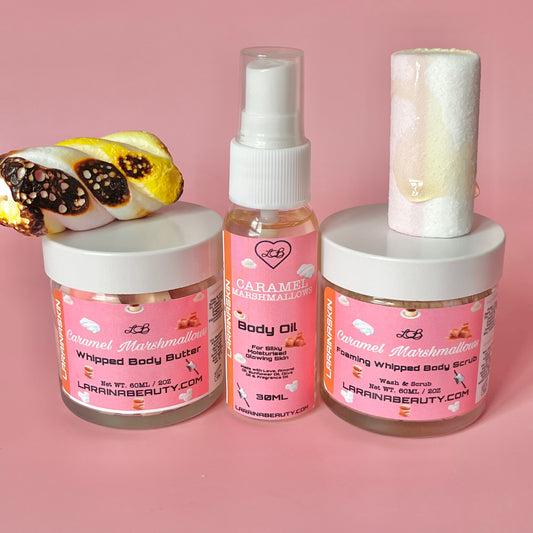 Mini bodycare set, mini body butter, mini body scrub and mini body oil. This trio bundle is the best skin care kit and mini pamper set for gift giving. sugar scrub for the smoothest exfoliation, made with soap so all you need is wet skin to start. Then use natural moisturising body cream great for dry skin. apply the most hydrating body oil spray to help relief stress. This dry body oil is a simple skincare routine  that you can layer with your perfumes. Sweet Caramel Marshmallows scented 
