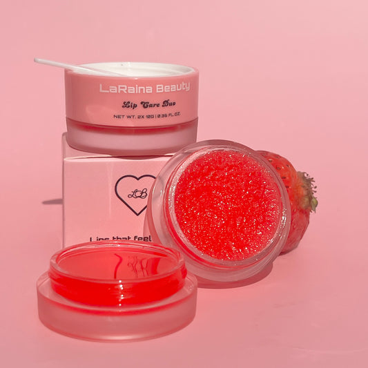 Strawberry lip care set, lip scrub and lip mask kit, best lip balm for dry lips, pair with the strawberry  flavoured lip oil. The best lip mask and lip scrub is in this duo and has been been compared as a lineage lip sleeping mask dupe.
