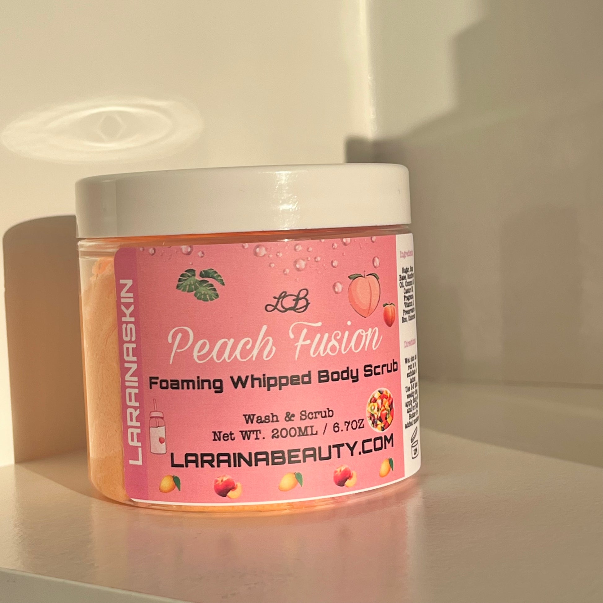 Peach foaming soap body scrub with a sweet scent of vanilla and fruits. Great for dry flaky skin that needs a gentle exfoliation for glowing smooth and soft skin. The best uk body scrub that leaves the skin cleansed, hydrated with vitamin e, suitable for sensitive skin. Get Healthy nourished skin with our bodycare that are also ideal for gifting such as for Valentine or birthday pamper box sets.