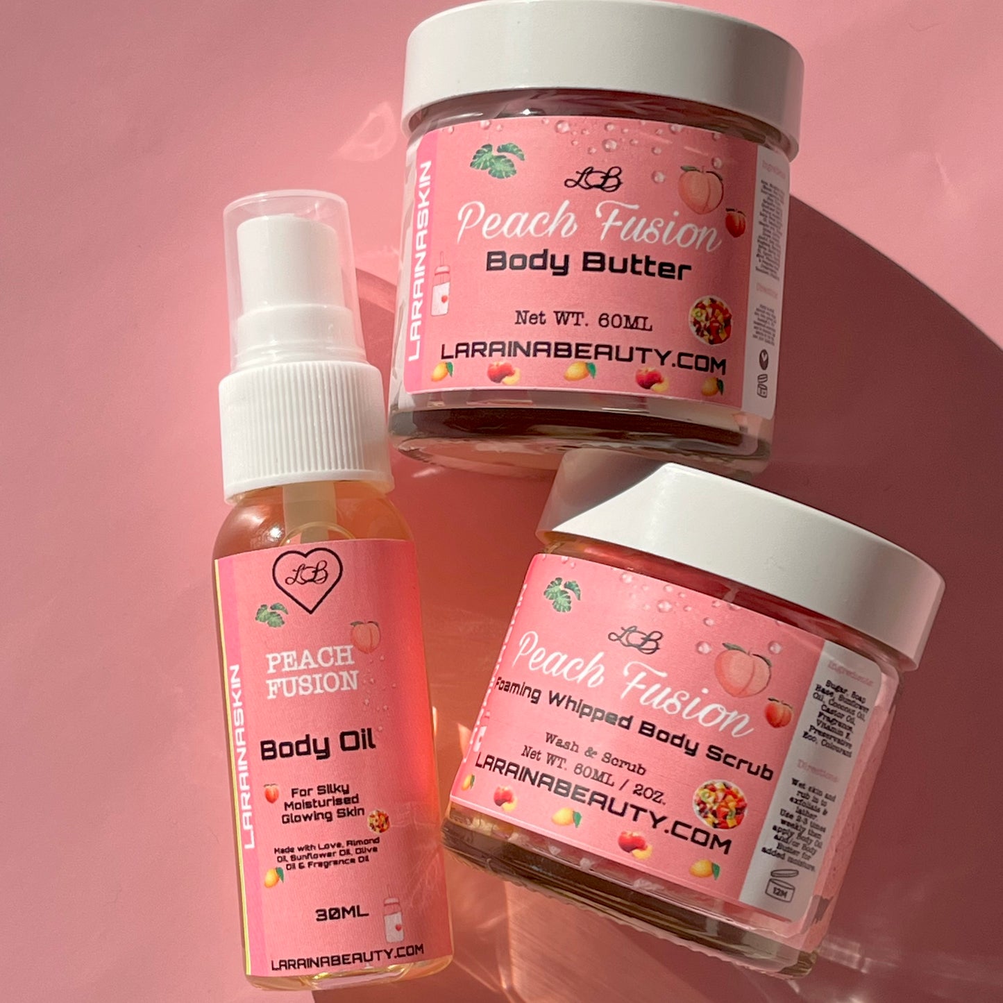 Mini bodycare set, mini body butter, mini body scrub and mini body oil. This trio bundle is the best skin care kit and mini pamper set for gift giving. sugar scrub for the smoothest exfoliation, made with soap so all you need is wet skin to start. Then use natural moisturising body cream great for dry skin. apply the most hydrating body oil spray to help relief stress. This dry body oil is a simple skincare routine  that you can layer with your perfumes. Tropical peach, mango and vanilla scented