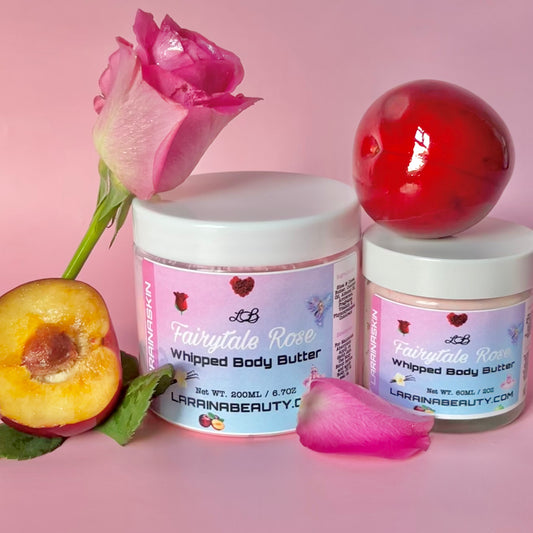 Fairytale Rose body butter and Mini size. A fruity floral scent that transports you into a fairytale land castle and the view of an ocean sea full of roses. 