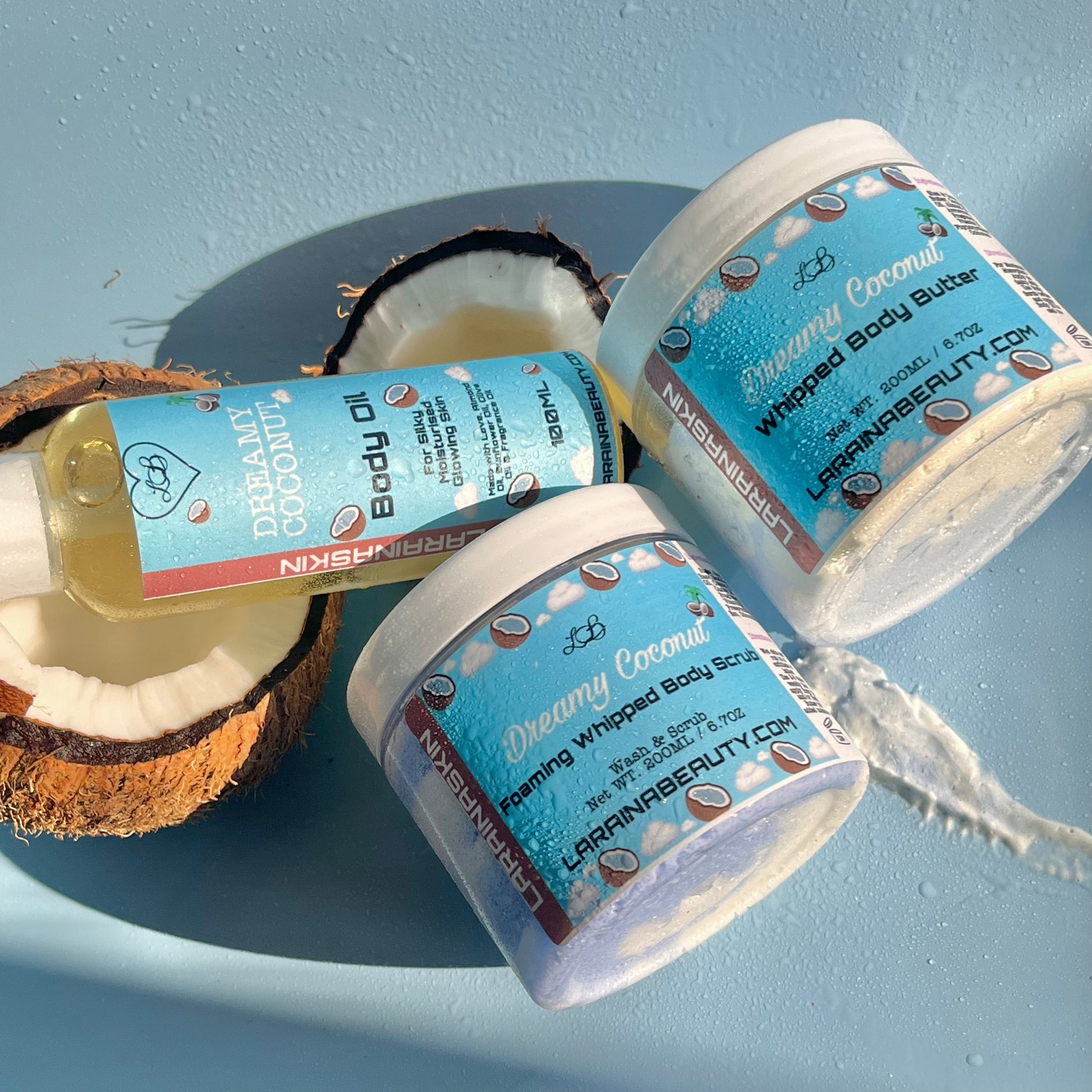 Coconut Body Care Set - bodycare set, body butter, body scrub and body oil. This trio bundle is the best skin care kit and mini pamper set for gift giving. sugar scrub for the smoothest exfoliation, made with soap so all you need is wet skin to start. Then use natural moisturising body cream great for dry skin. apply the most hydrating body oil spray to help relief stress. This dry body oil is a simple skincare routine  that you can layer with your perfumes. Sweet coconut and vanilla scented
