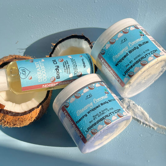 Coconut Body Care Set - bodycare set, body butter, body scrub and body oil. This trio bundle is the best skin care kit and mini pamper set for gift giving. sugar scrub for the smoothest exfoliation, made with soap so all you need is wet skin to start. Then use natural moisturising body cream great for dry skin. apply the most hydrating body oil spray to help relief stress. This dry body oil is a simple skincare routine  that you can layer with your perfumes. Sweet coconut and vanilla scented 